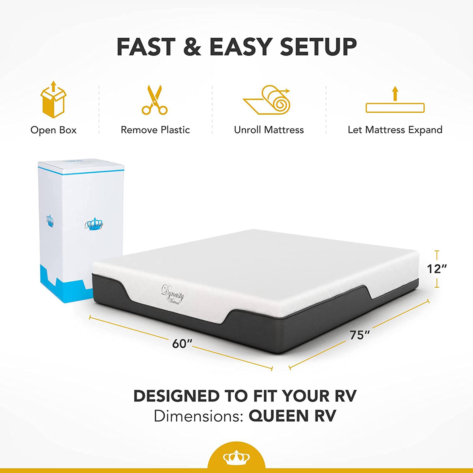 FAST & EASY SETUP

Open Box  
Remove Plastic  
Unroll Mattress  
Let Mattress Expand

DESIGNED TO FIT YOUR RV  
Dimensions: QUEEN RV  
60" x 75" x 12"