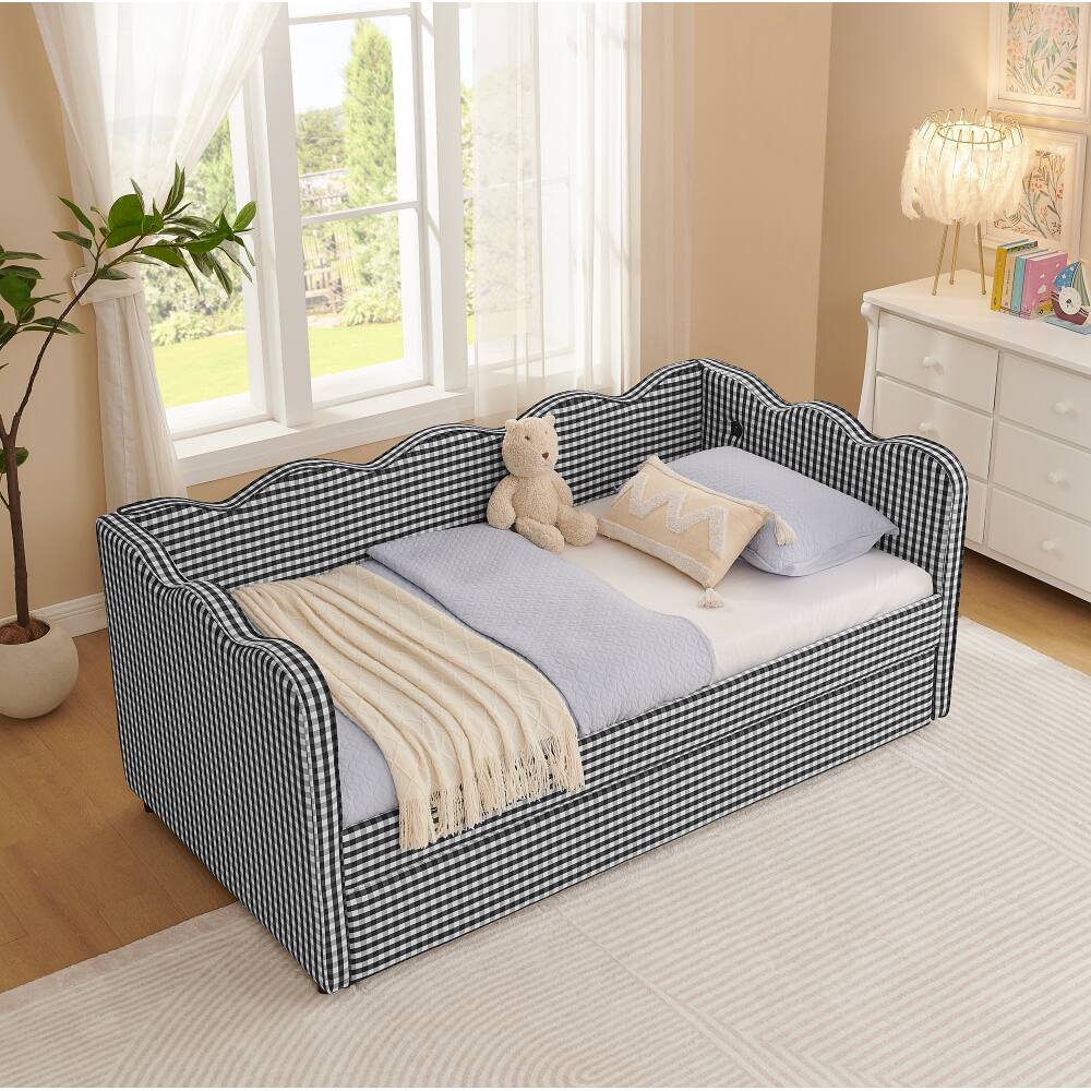Left. JUJABU - Black Cozy Gingham Daybed with Twin Size Trundle No Box Spring Needed, with USB Port and Adorable Wave Shaped - Black.