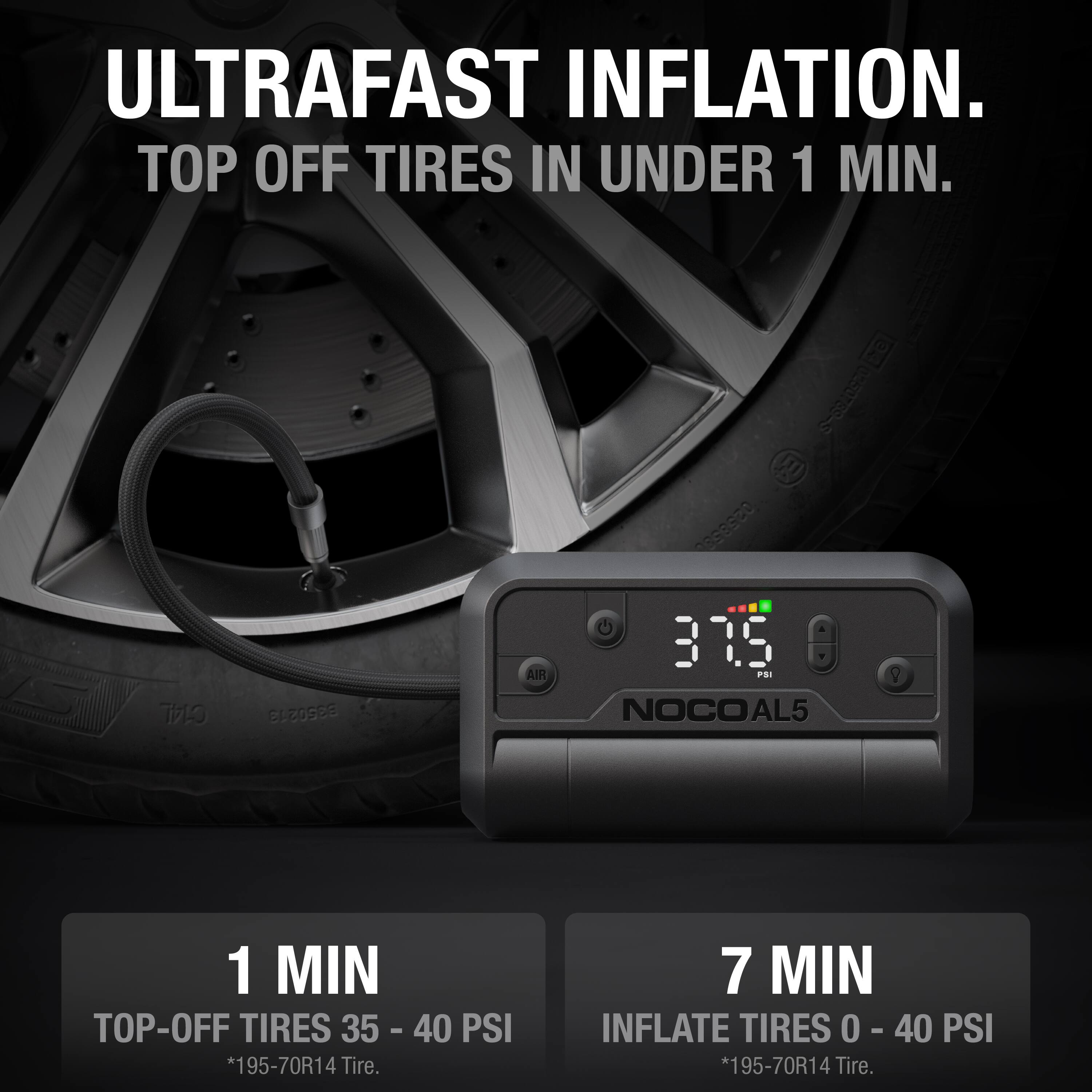 ULTRAFAST INFLATION.  
TOP OFF TIRES IN UNDER 1 MIN.  

1 MIN  
TOP-OFF TIRES 35 - 40 PSI  
*195-70R14 Tire.  

7 MIN  
INFLATE TIRES 0 - 40 PSI  
*195-70R14 Tire.