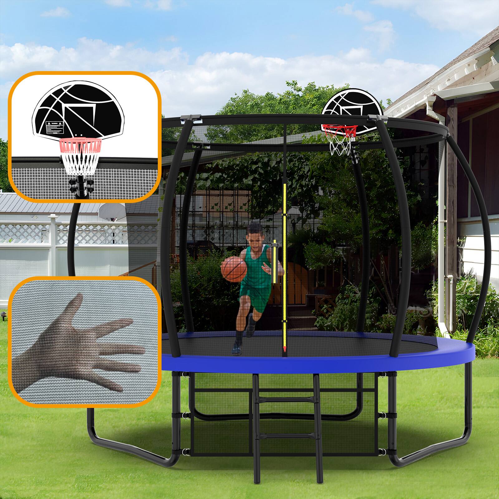 Angle. Anysun - 10FT Pumpkin Trampoline, Outdoor Trampoline with Basketball Hoop, Enclosure Net and Ladder - Blue.