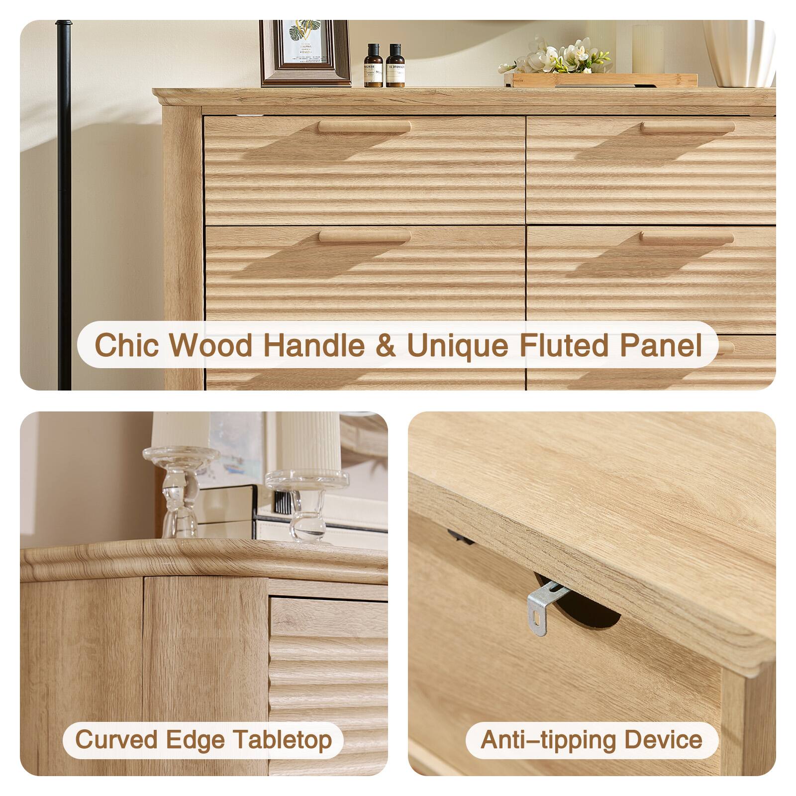 Chic Wood Handle & Unique Fluted Panel  
Curved Edge Tabletop  
Anti-tipping Device