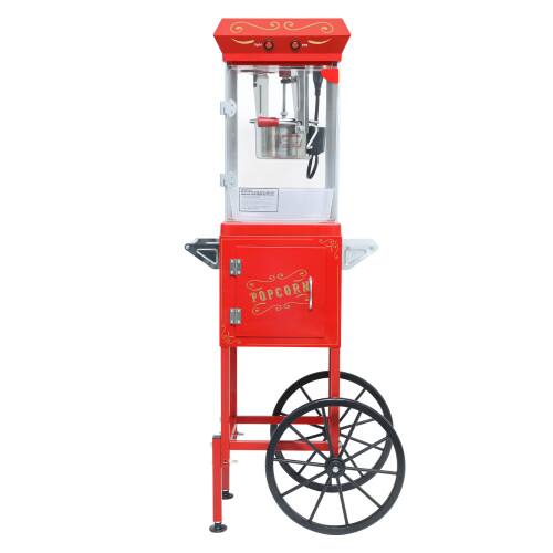 Left. WETIE - Popcorn Maker with Cart & Wheels, 6Oz 48W Kettle Popcorn Machine w/ Locker, Warming Deck for Market Movie Theater - Red.