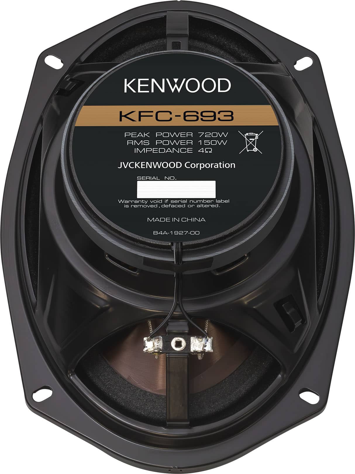 Kenwood KFC-693 peak power 720W RMS power 150W impedance 462 JVCKENWOOD Corporation serial number Warranty void if serial number label is removed, defaced, or altered. Made in China B4A-1927-00.
