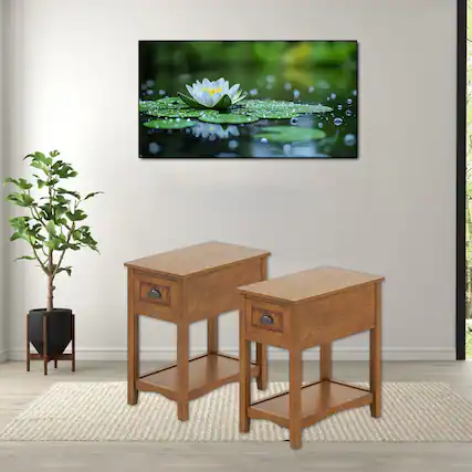 Front. Hivvago - Set of 2 Retro Slim End Tables with Drawer and Storage Shelf - Natural.