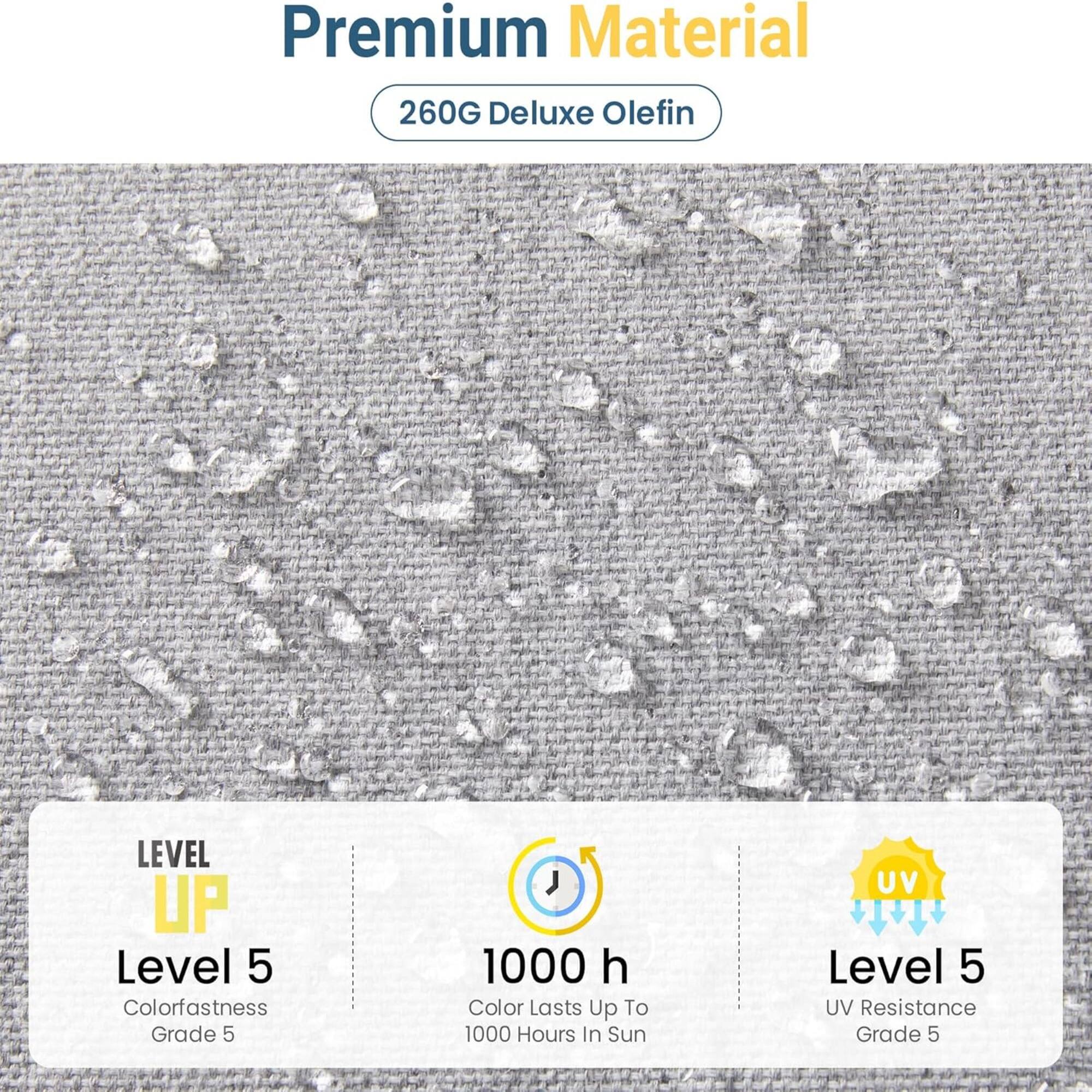 Premium Material  
260G Deluxe Olefin  

LEVEL UP  
Level 5  
Colorfastness Grade 5  

1000 h  
Color Lasts Up To 1000 Hours In Sun  

UV  
Level 5  
UV Resistance Grade 5