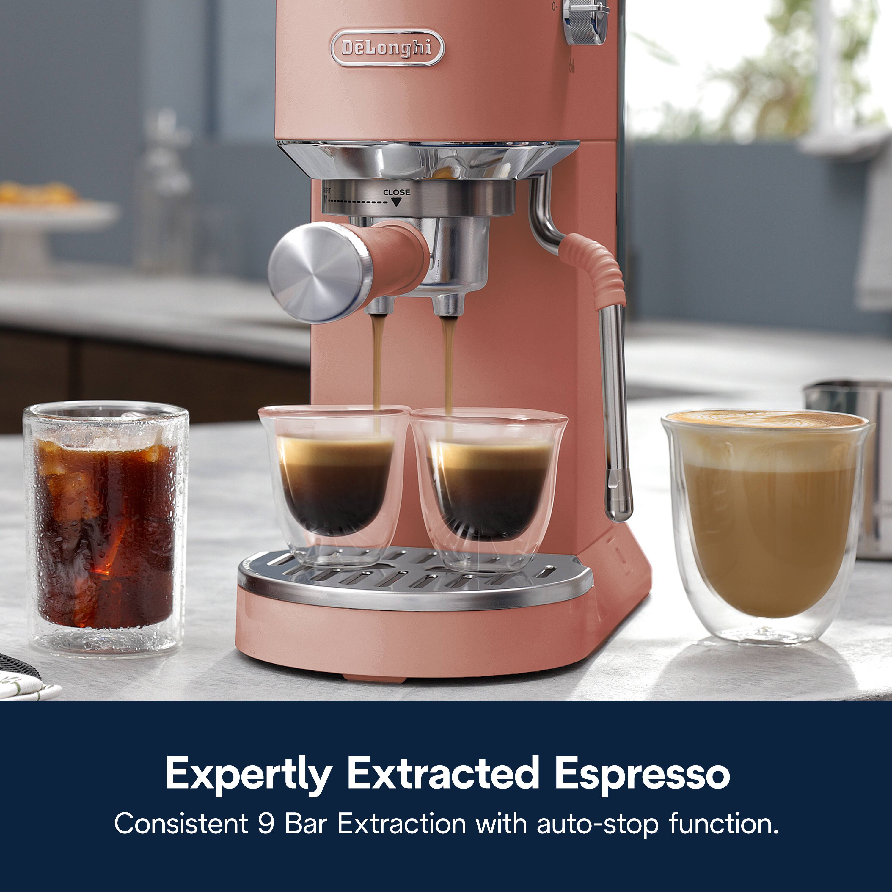 DeLonghi CLOSE: Expertly Extracted Espresso with Consistent 9 Bar Extraction and auto-stop function.