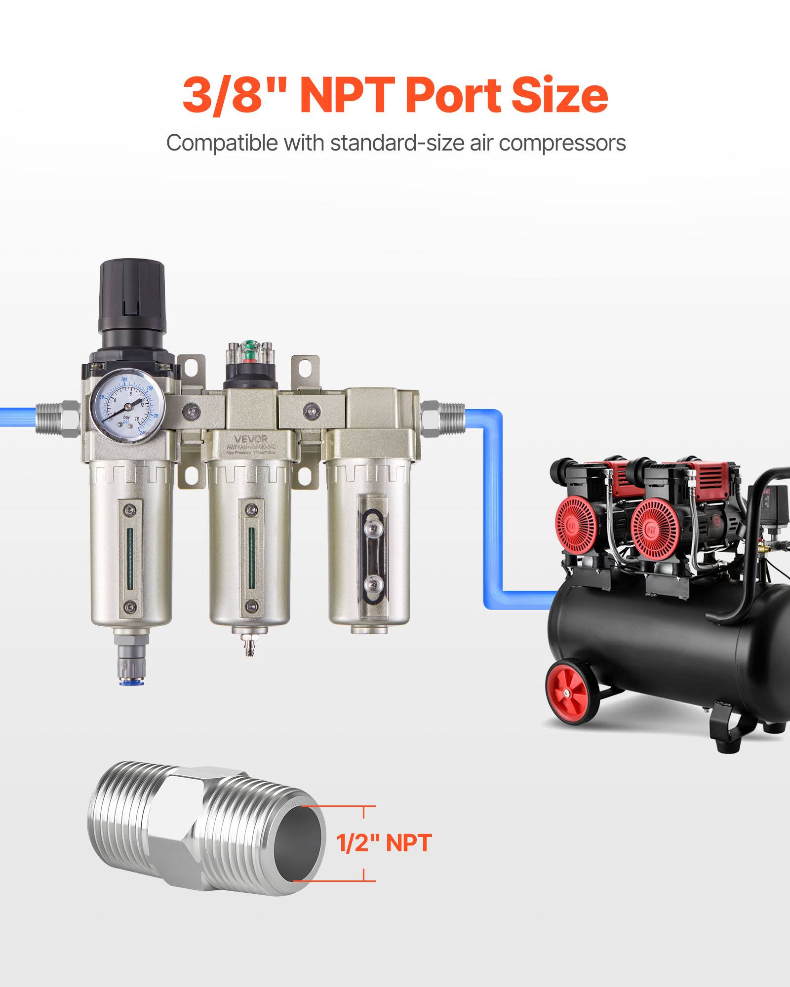 3/8" NPT Port Size  
Compatible with standard-size air compressors  

1/2" NPT