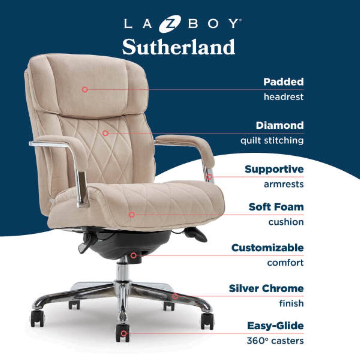LA-Z-BOY Sutherland  
Padded headrest  
Diamond quilt stitching  
Supportive armrests  
Soft Foam cushion  
Customizable comfort  
Silver Chrome finish  
Easy-Glide 360° casters