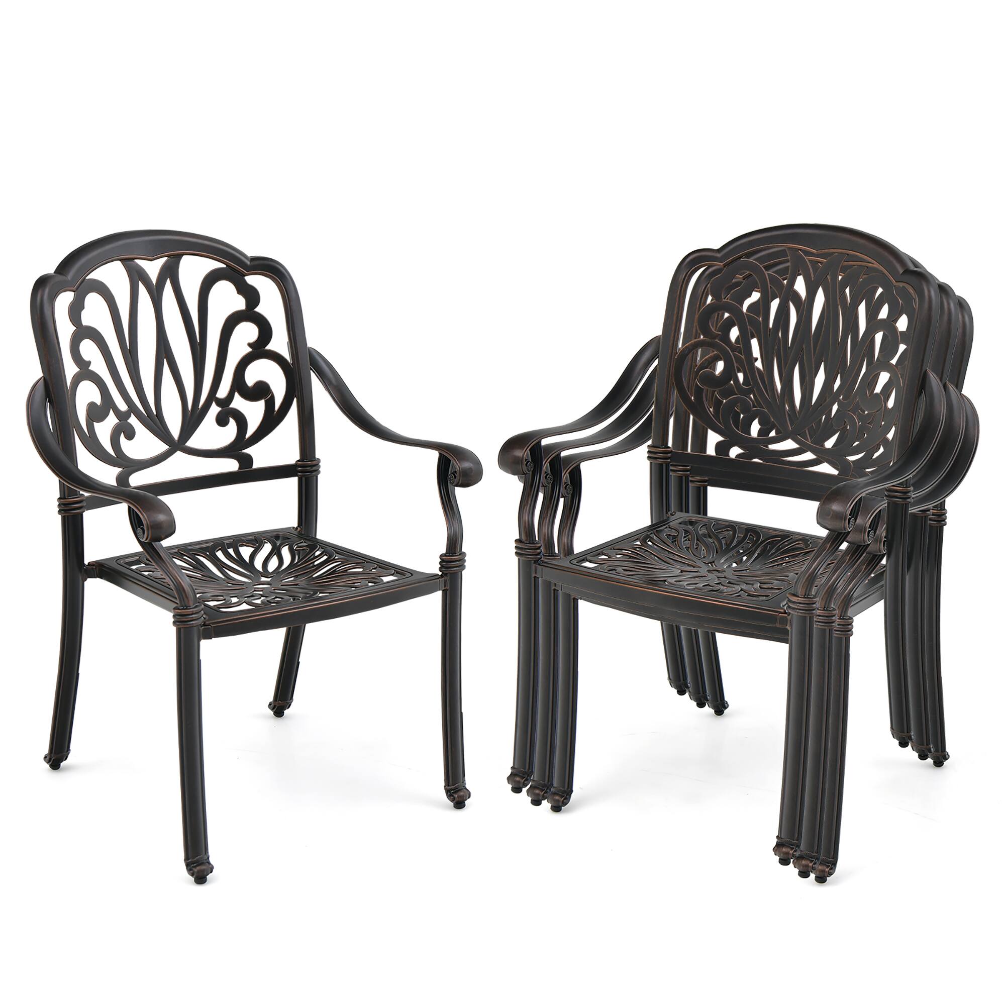 Gymax - 4 Pieces Cast Aluminum Chairs Set of 2 Stackable Patio Dining Chairs w/ Armrests - Bronze