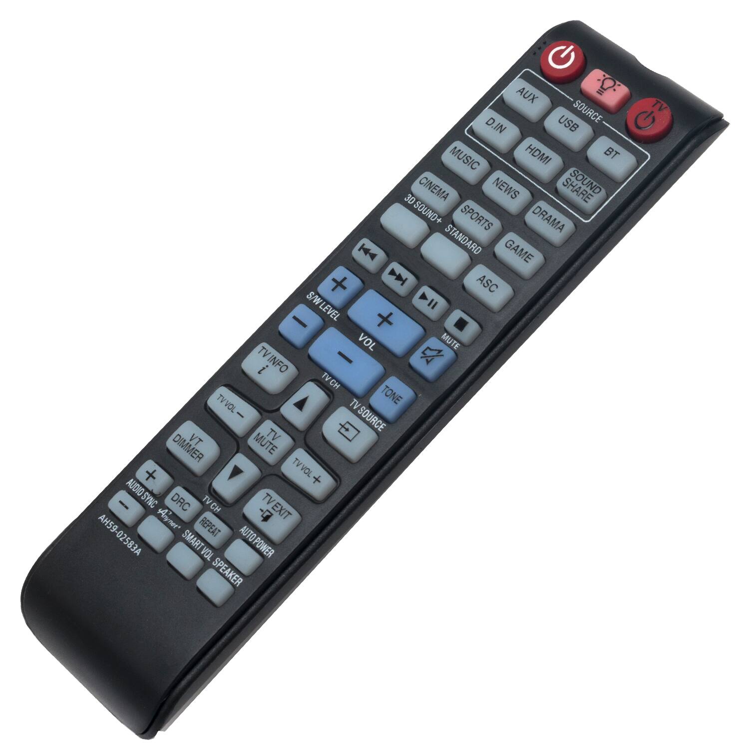 AUX SOURCE TV D.IN USB C MUSIC HDMI BT 30 CINEMA NEWS SHARE SOUND+ SPORTS DRAMA K STANDARD GAME + D ASC S/WLEVEL S/W >II  LEVEL + VOL MUTE TVINFO i - x TVCH TV TV TONE VOL - TV SOURCE VT MUTE TV DIMMER TV + TVVOL+ VOL + AUDIO SYNC DRC TVCH TV TV Anrmer -7 EXIT AH59-02583A REPEAT SMARTVOL VOL AUTO POWER SPEAKER