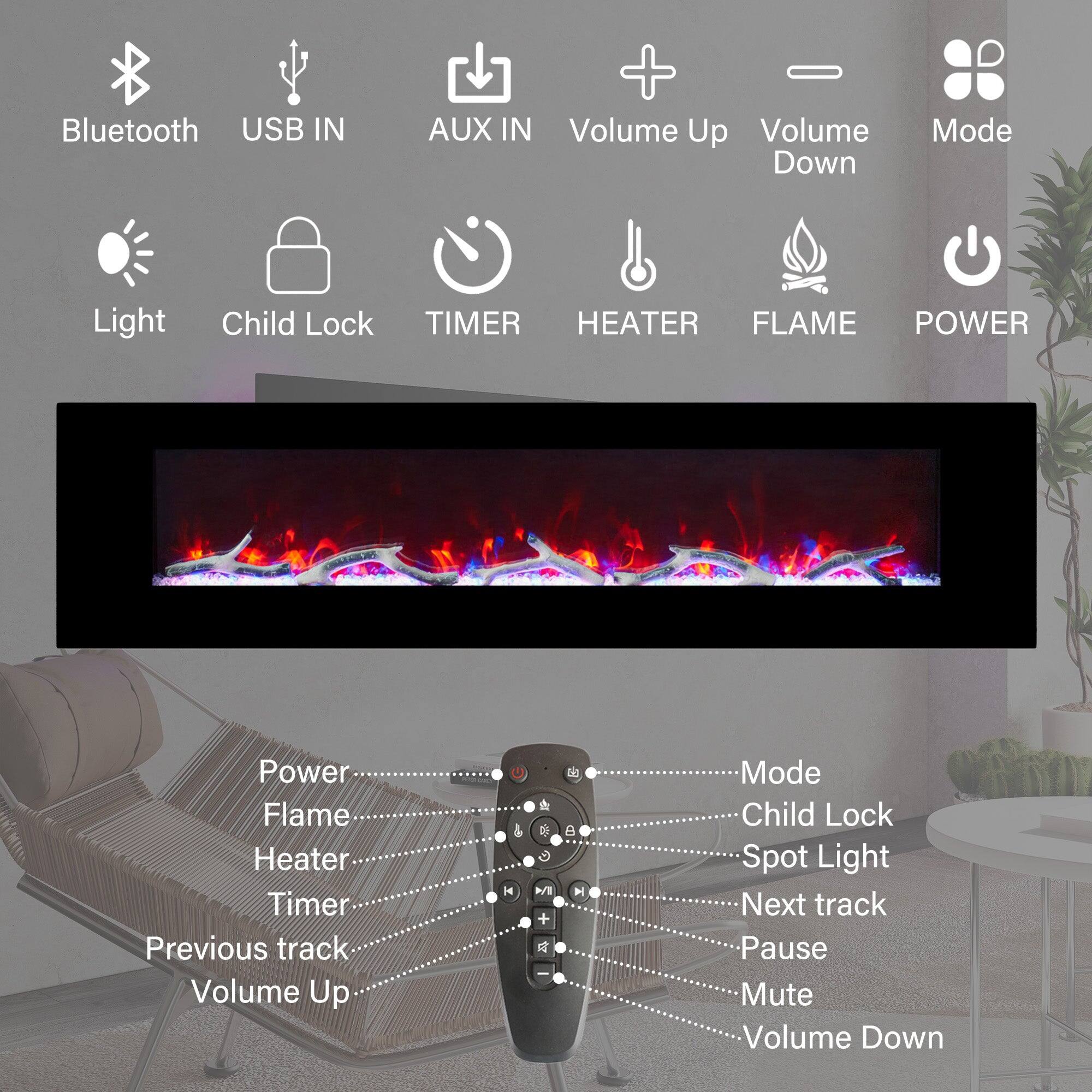 Bluetooth, USB IN, AUX IN, Volume Up, Volume Down, Mode, Light, Child Lock, TIMER, HEATER, FLAME, POWER, Power, Flame, Heater, Timer, Previous track, Volume Up, Mode, Child Lock, Spot Light, Next track, Pause, Mute, Volume Down
