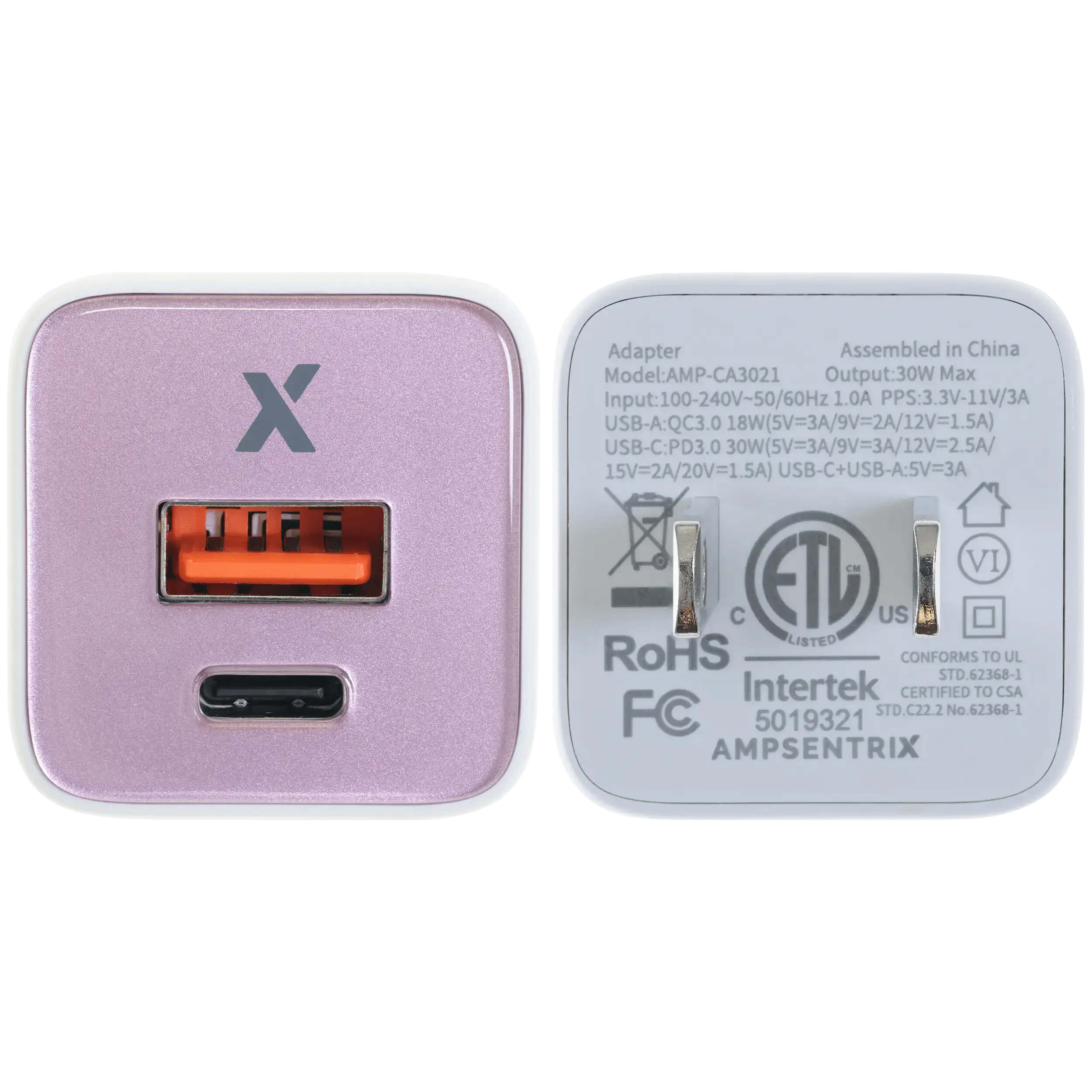 X I Adapter  
Assembled in China  
Model: AMP-CA3021  
Output: 30W Max  
Input: 100-240V~50/60Hz 1.0A  
PPS: 3.3V-11V/3A  
USB-A: QC3.0 18W (5V=3A/9V=2A/12V=1.5A)  
USB-C: PD3.0 30W (5V=3A/9V=3A/12V=2.5A/15V=2A/20V=1.5A)  
USB-C+USB-A: 5V=3A  

CH VI C ETD US LISTED  
RoHS CONFORMS TO UL STD.62368-1  
Intertek CERTIFIED TO CSA FC STD .C22.2 No. 62368-1  
5019321  
AMPSENTRIX
