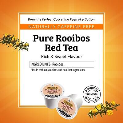Brew the Perfect Cup at the Push of a Button  
NATURALLY CAFFEINE-FREE  

Pure Rooibos Red Tea  
Rich & Sweet Flavour  

INGREDIENTS: Rooibos.  
*Made with only rooibos and no other ingredients  

TWININGS Pure Rooibos Red Tea  
SOURCED WITH CARE