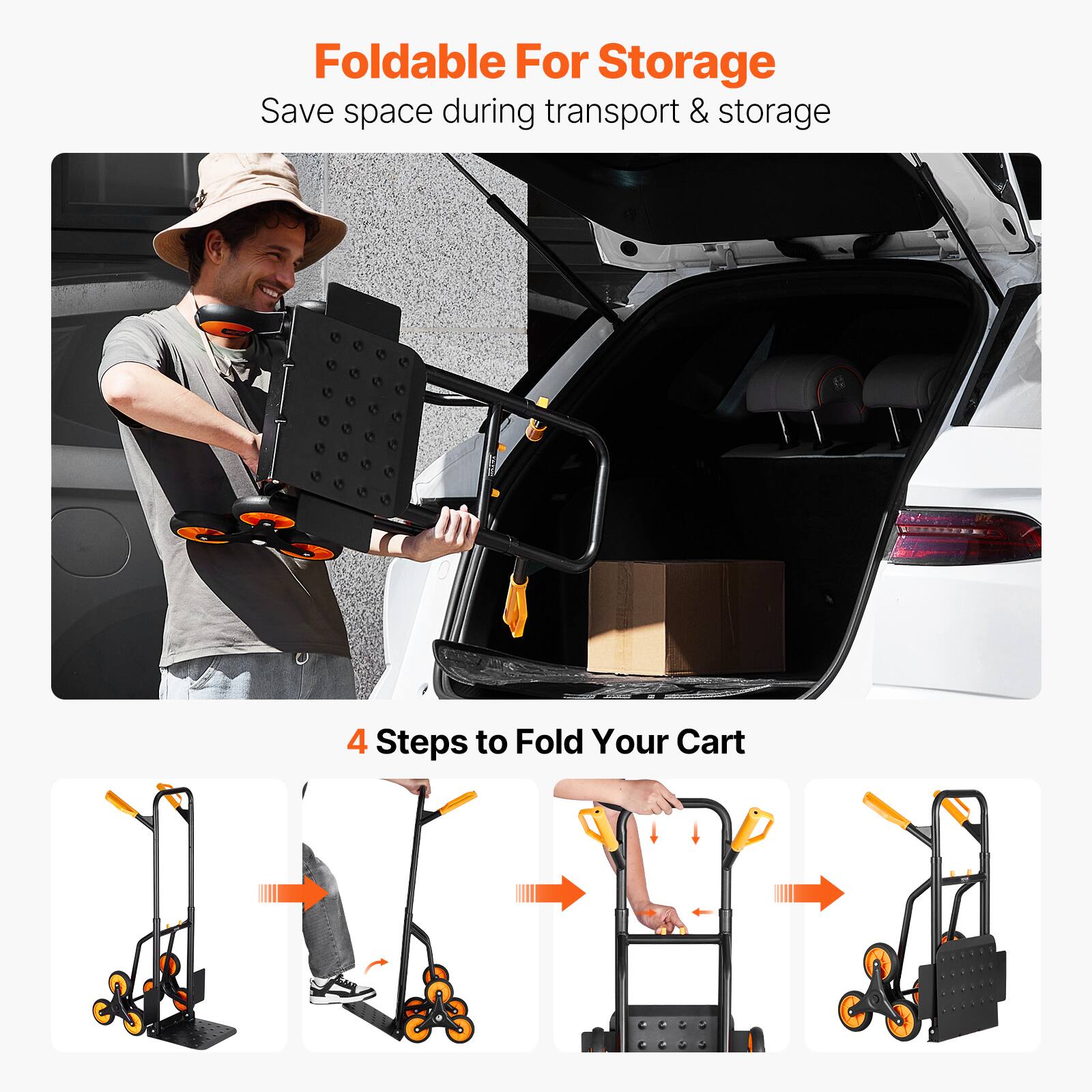 Foldable For Storage  
Save space during transport & storage  

4 Steps to Fold Your Cart
