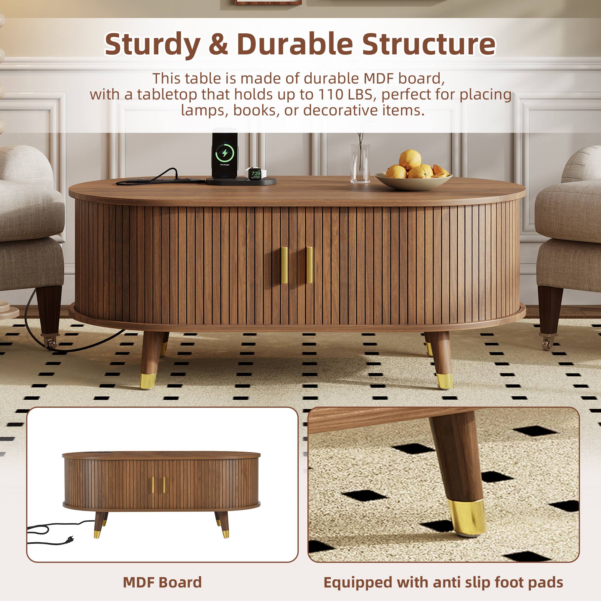 Sturdy & Durable Structure

This table is made of durable MDF board, with a tabletop that holds up to 110 LBS, perfect for placing lamps, books, or decorative items.

MDF Board

Equipped with anti slip foot pads