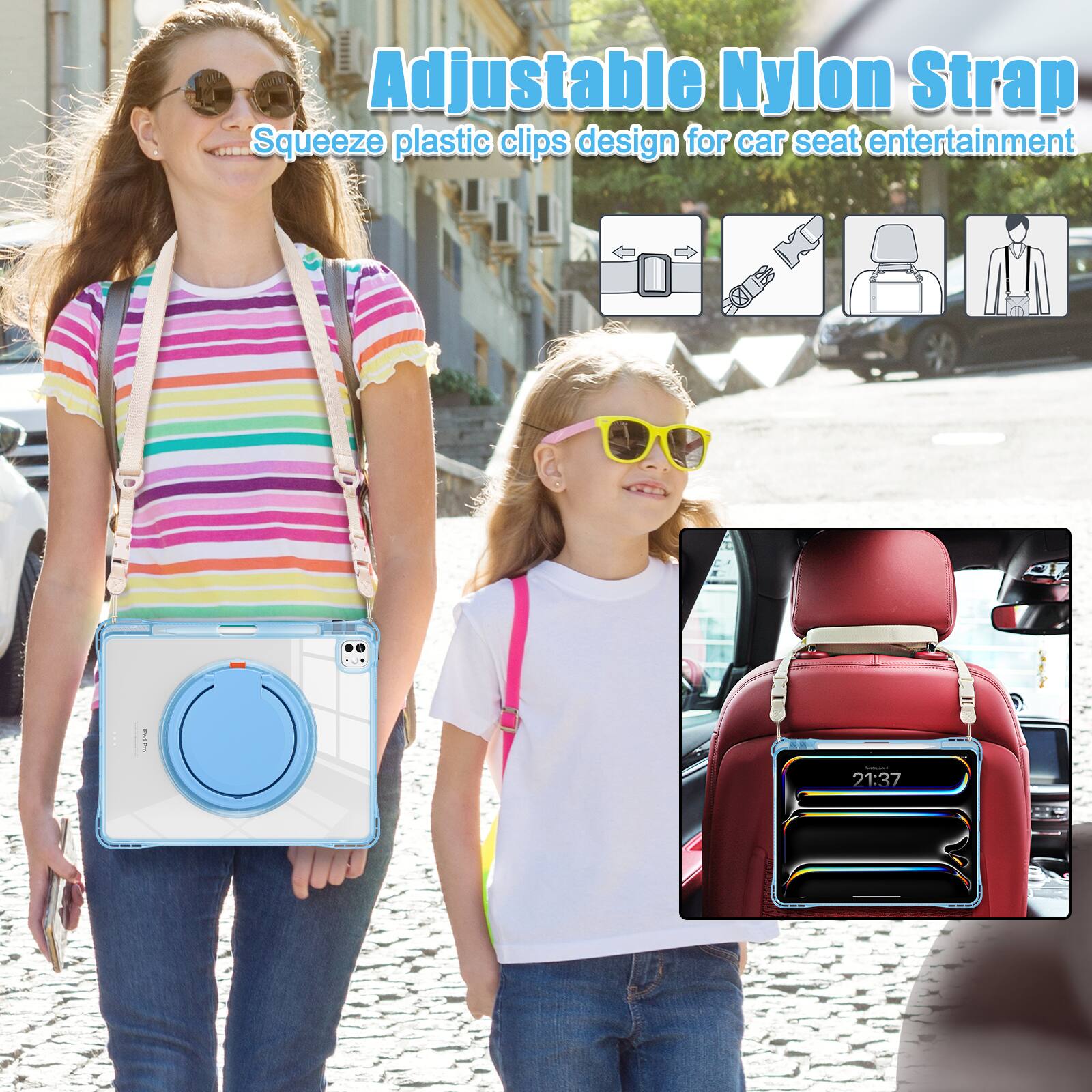 Adjustable Nylon Strap  
Squeeze plastic clips design for car seat entertainment
