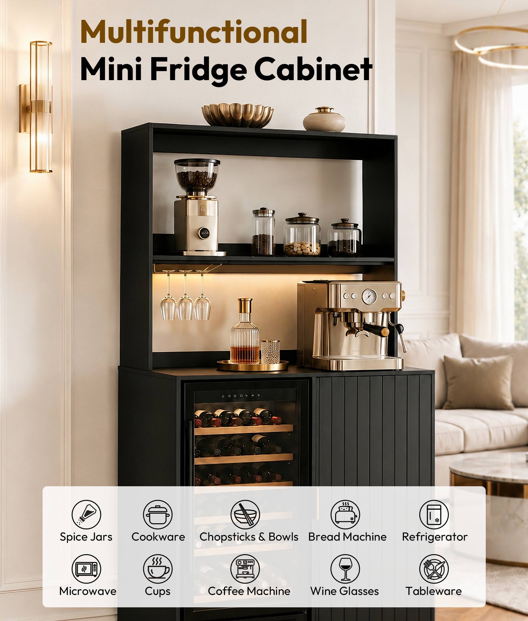 Multifunctional Mini Fridge Cabinet

- Spice Jars
- Cookware
- Chopsticks & Bowls
- Bread Machine
- Refrigerator
- Microwave
- Cups
- Coffee Machine
- Wine Glasses
- Tableware