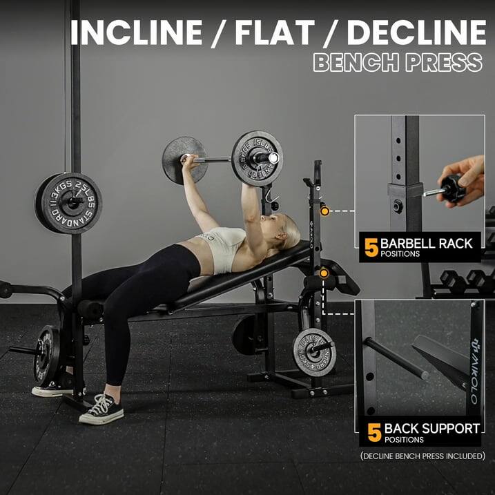INCLINE / FLAT / DECLINE BENCH PRESS 13KGS 25LBS STANDARD ENGSS ISL8R 4 CRETES J2O 5 BARBELL RACK POSITIONS 5 BACK SUPPORT POSITIONS (DECLINE BENCH PRESS INCLUDED)