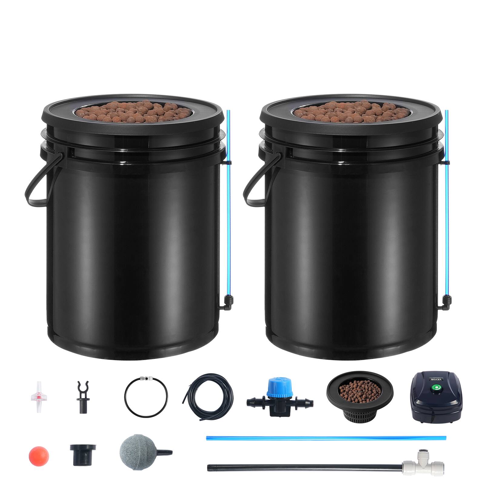 Alt View 5. VEVOR - DWC Hydroponics Grow System, Hydroponic Growing System with Top Drip Kit, Deep Water Culture 5-Gallon 2 Buckets - Black.