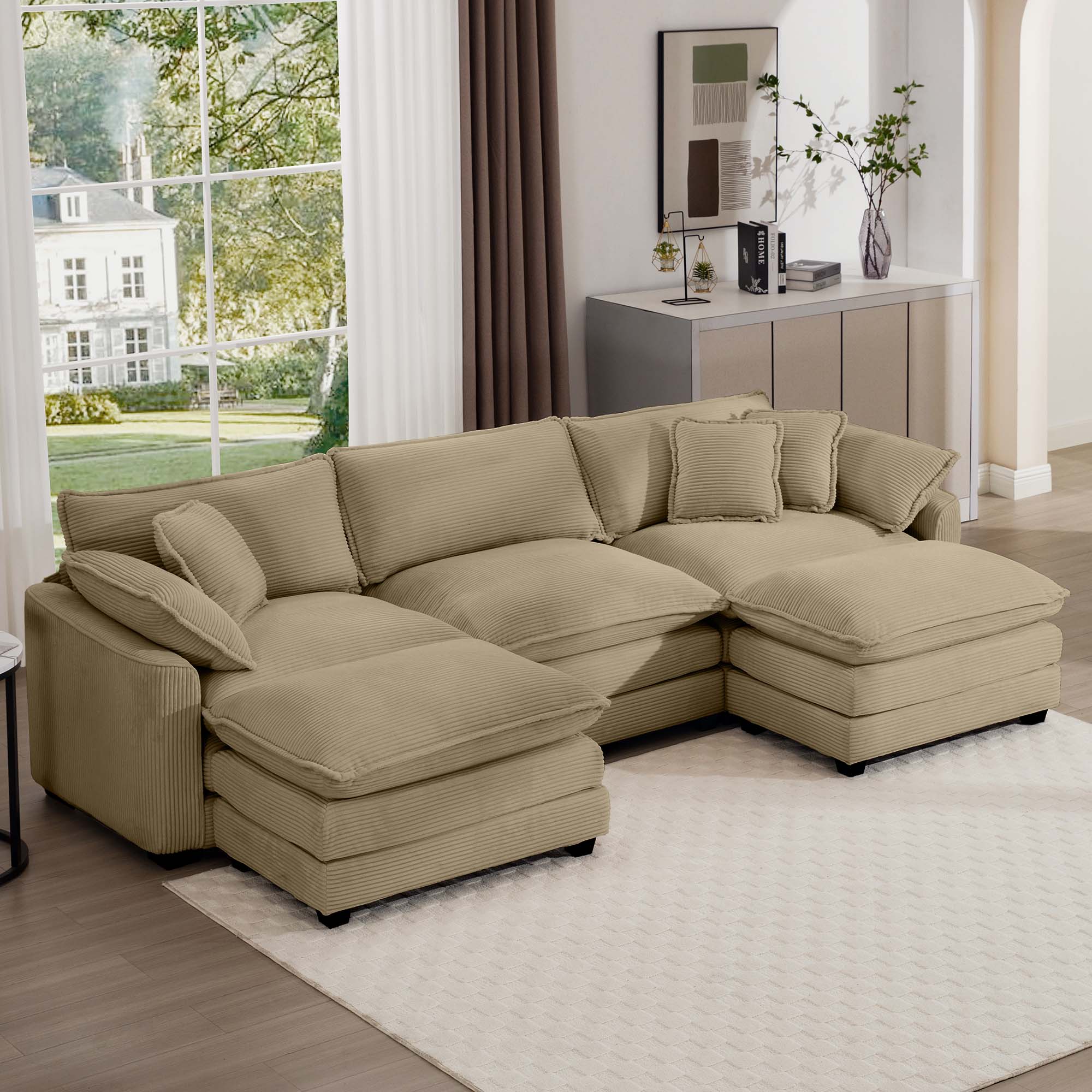 Front. LOVMOR - Corduroy Modular Sofa Set L Shaped Deep Seat Storage Ottoman Easy Assembly Memory Foam For Bedroom Soft Lounge - Tan.