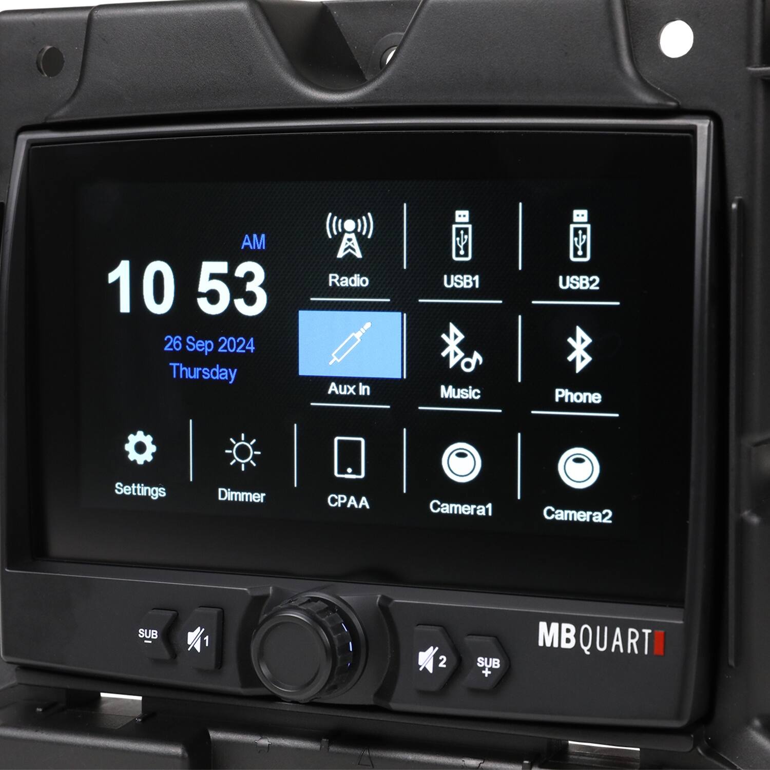 The text on the image reads:

AM 10:53 26 Sep 2024 Thursday Radio Aux In USB1 Music USB2 Phone Settings Dimmer CPAA Camera1 Camera2 SUB 1 2 SUB MB QUART

The corrected text is:

AM 10:53 26 Sep 2024 Thursday Radio Aux In USB1 Music USB2 Phone Settings Dimmer CPAA Camera1 Camera2 SUB 1 2 SUB MB QUART