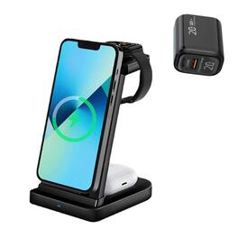 SKRAN - 15W 3-in-1 Phone Stand - Fast Charging Dock, Wireless Charger Compatible with iPhone, Apple Watch & AirPods, Black - Black