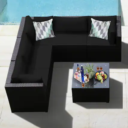 Front. Gymax - Gymax 6PCS Rattan Patio Sectional Sofa Conversation Set Outdoor w/ Black Cushions - Black.