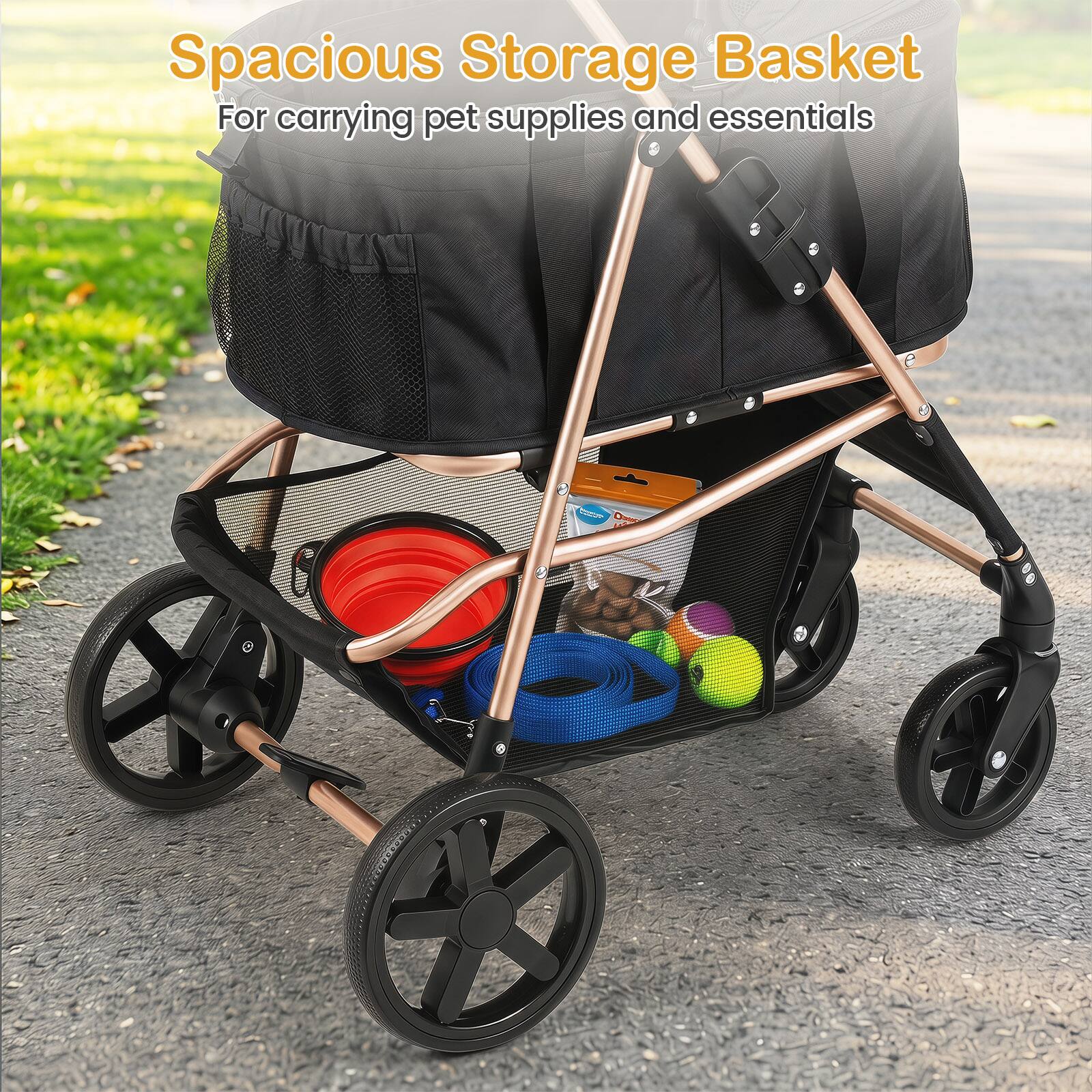 Spacious Storage Basket  
For carrying pet supplies and essentials