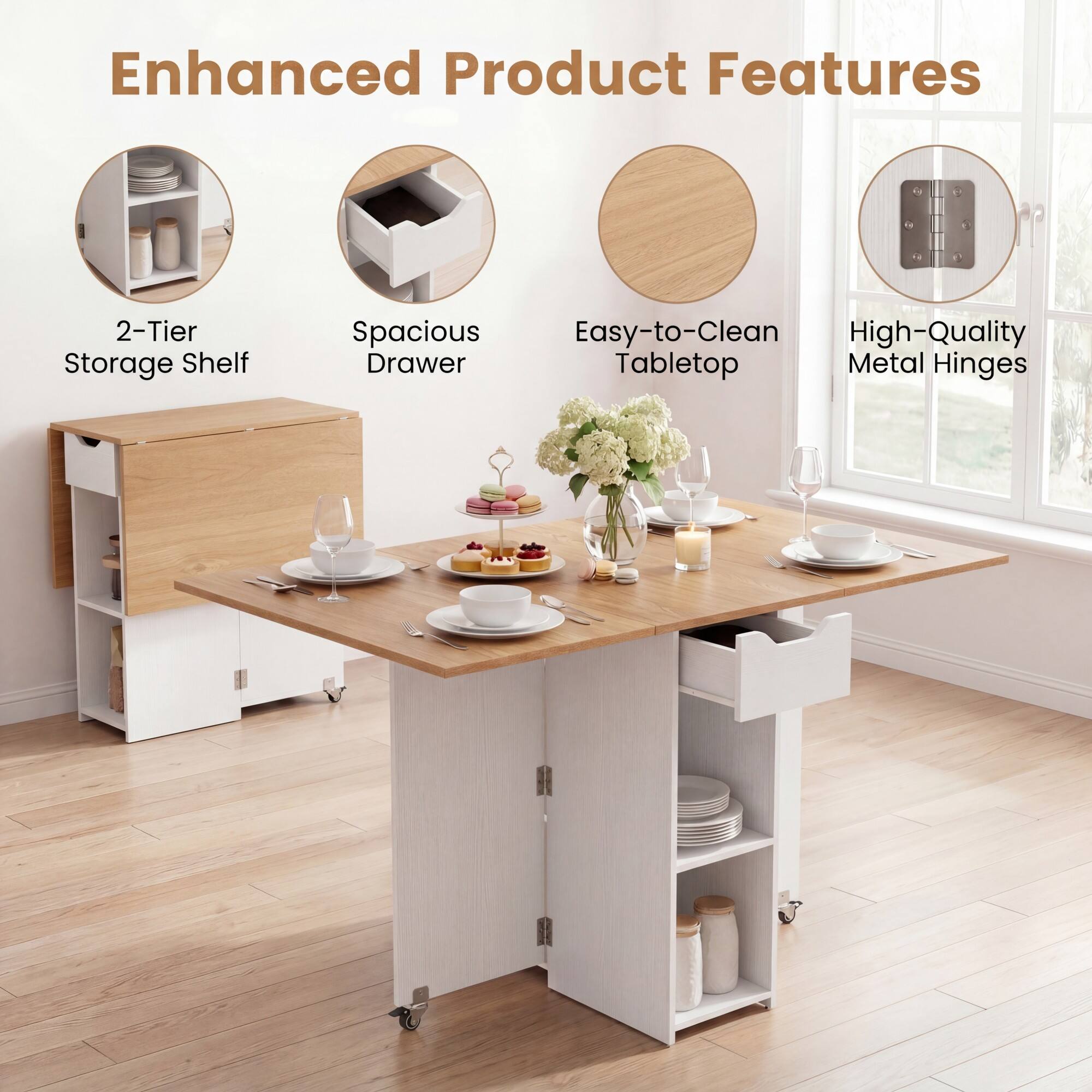 Enhanced Product Features

- 2-Tier Storage Shelf
- Spacious Drawer
- Easy-to-Clean Tabletop
- High-Quality Metal Hinges