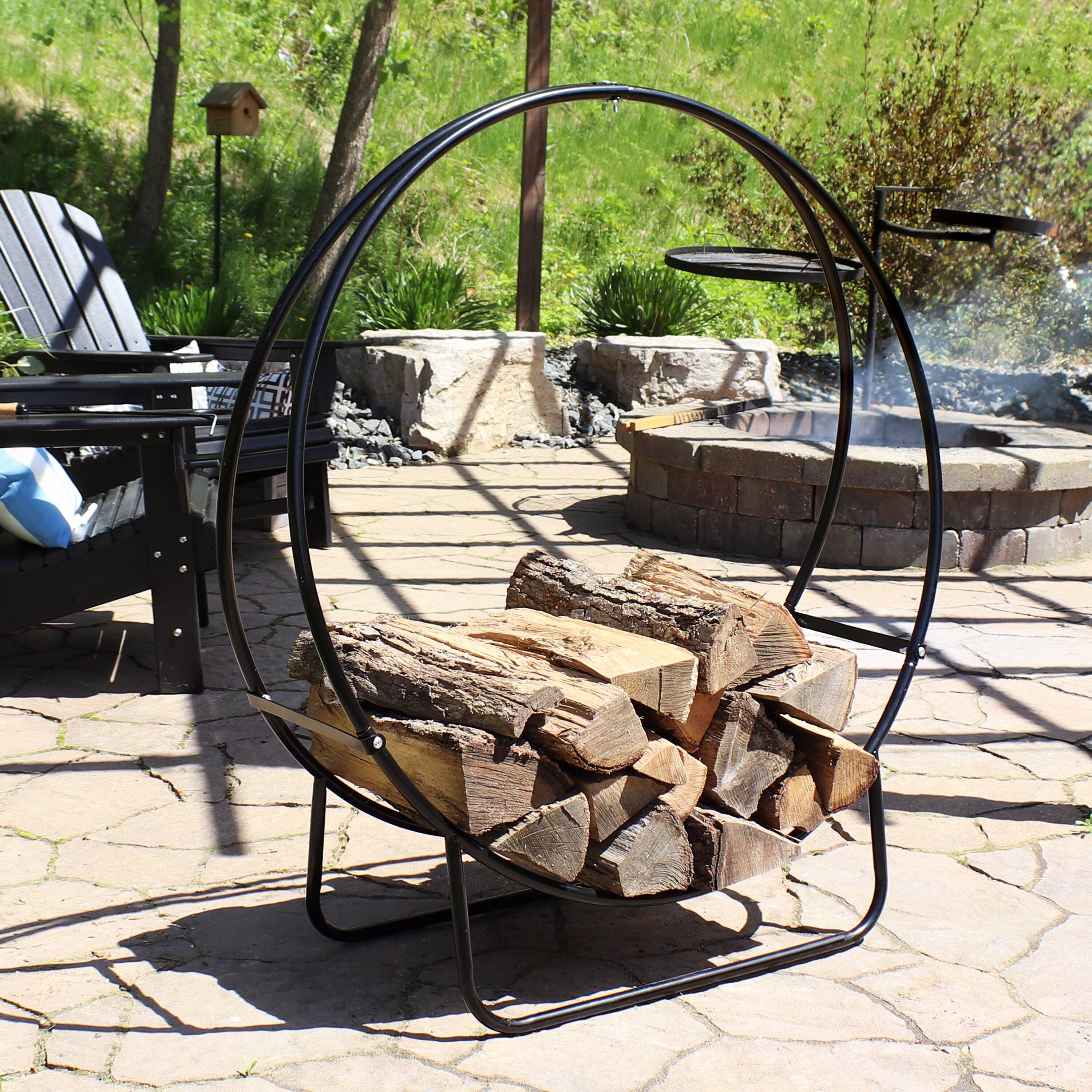 Alt View 9. Sunnydaze - 40 in Powder-Coated Steel Firewood Log Hoop Rack with Cover - Khaki.