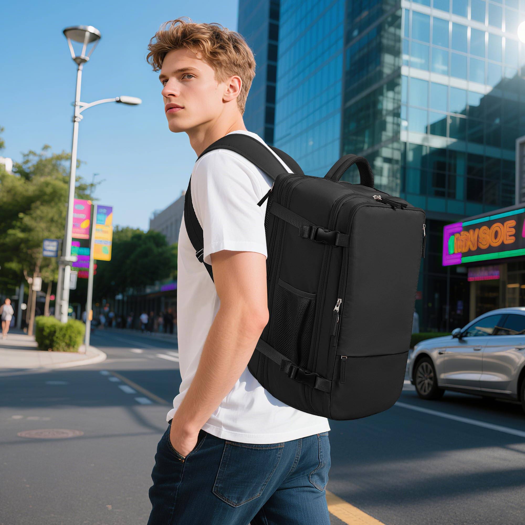 Left. Pacoar Cade - Travel Backpack For Men Women  Large Carry On Personal Item Bag Airline Approved 17 Inch Laptop Business Work Gym - Beige-X-Large.