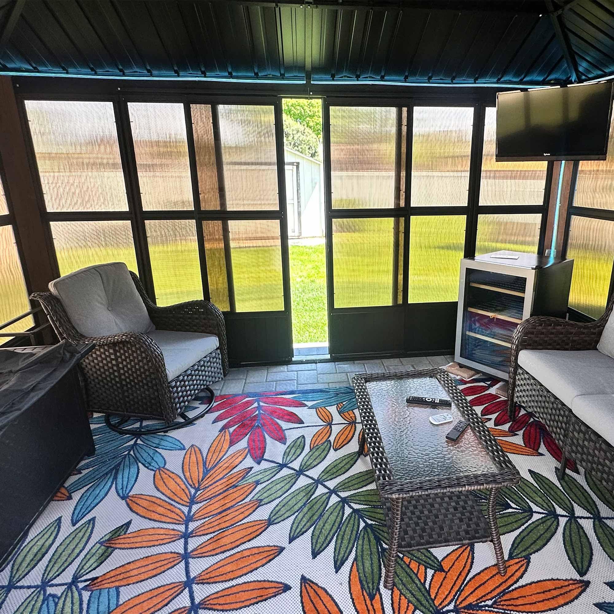 Left. PURPLE LEAF - Sunroom Outdoor Hardtop Gazebo  Wood Grain Aluminum Frame Galvanized Steel Double Roof All-Weather Screen House - 12' X 16'.