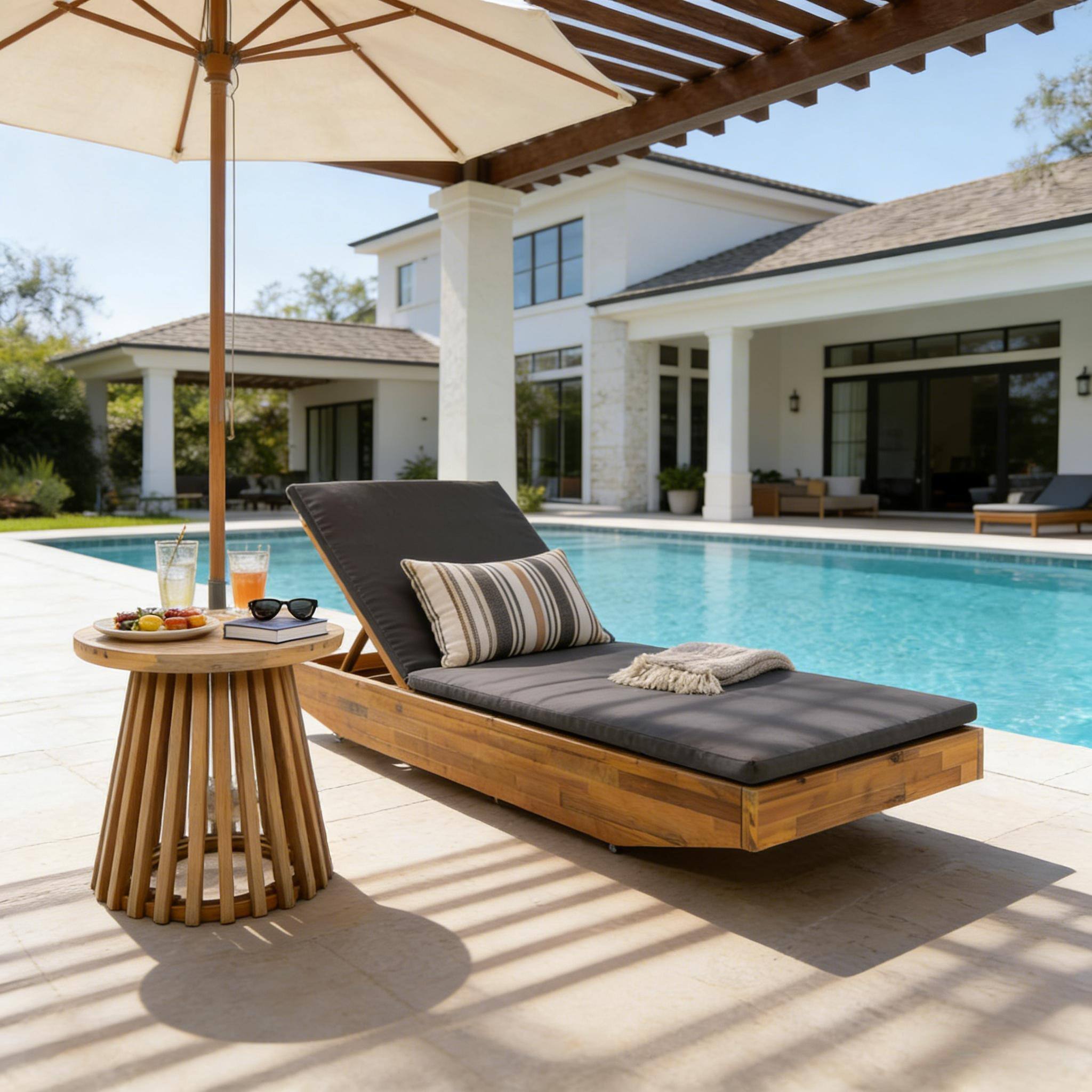 Angle. Anysun - Acacia Wood Chaise Lounge with Teak Finish, Outdoor Recliner with 2-Fold Water-Repellent Cushion - Dark Gray.