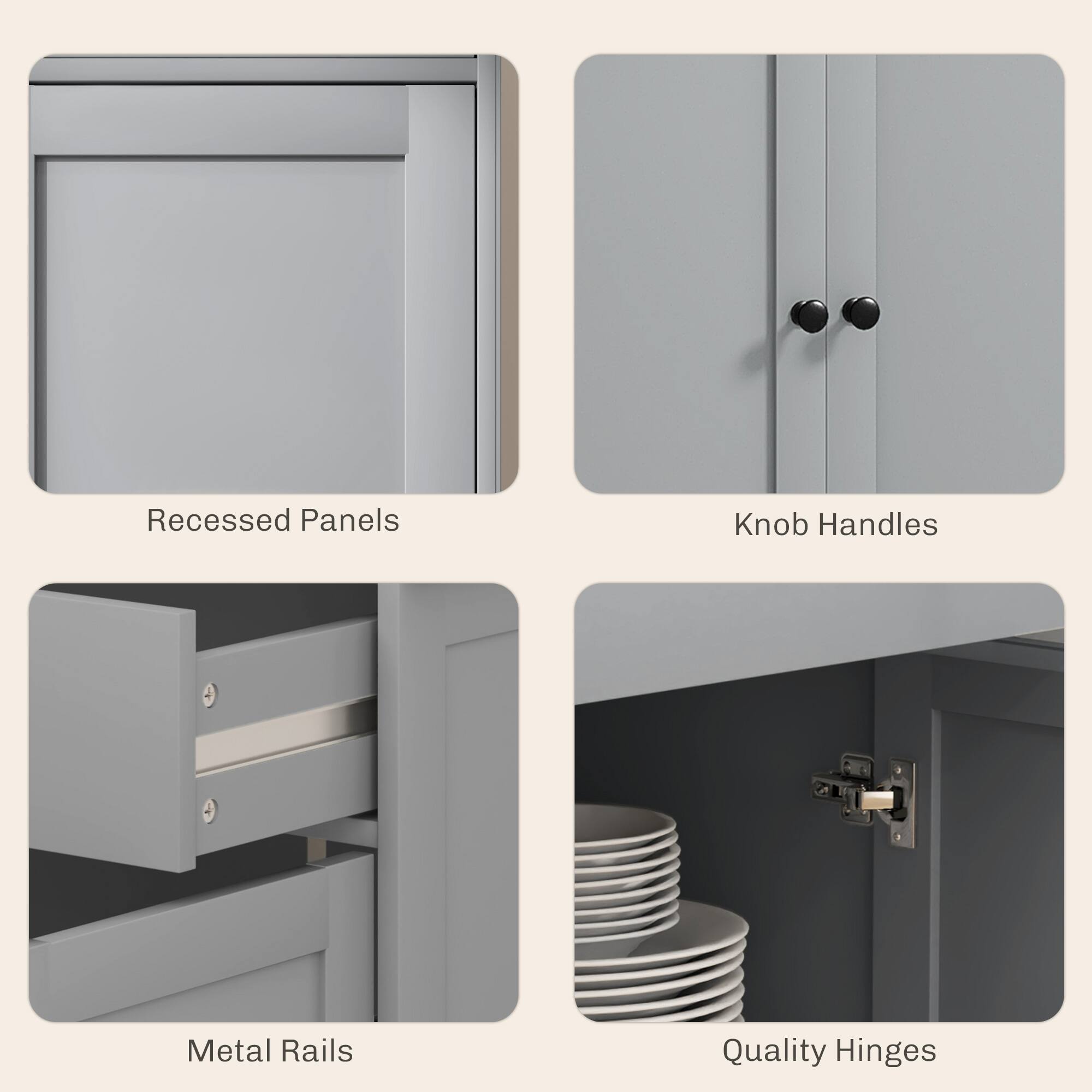 Recessed Panels, Knob Handles, Metal Rails, Quality Hinges
