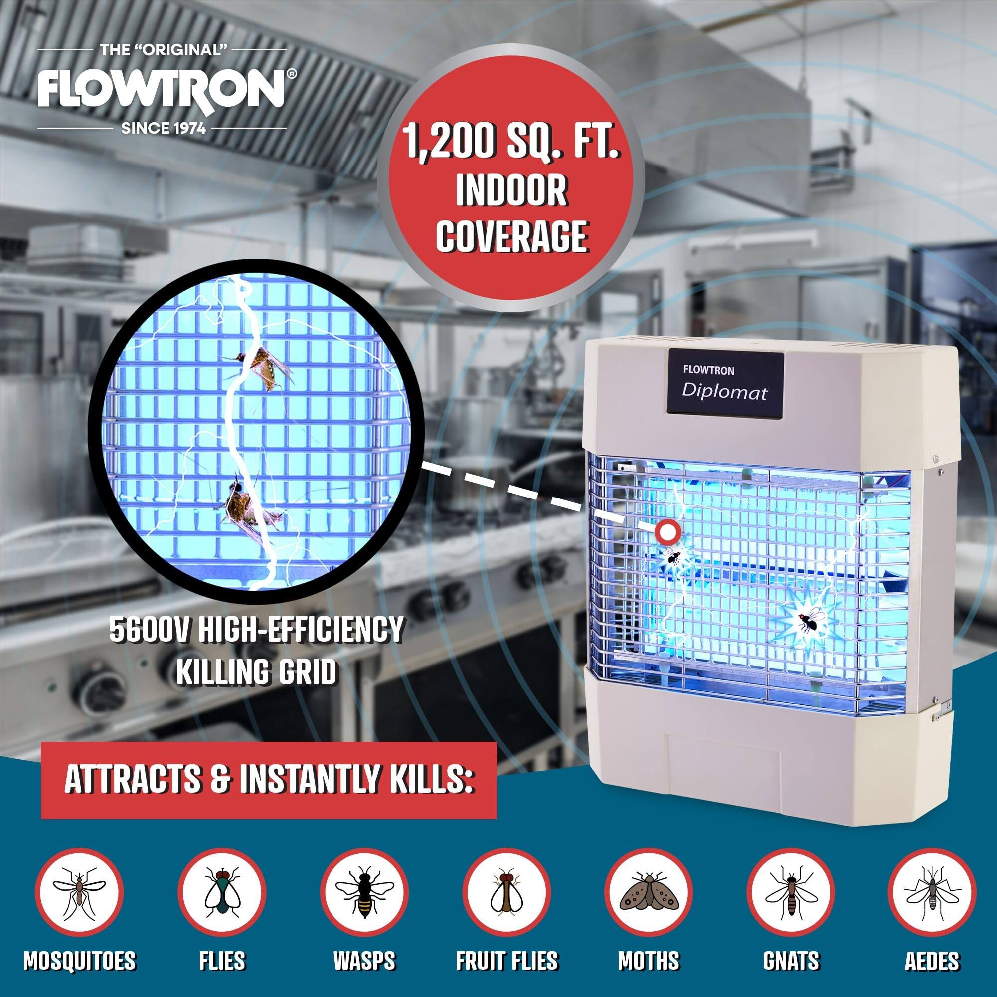 THE "ORIGINAL" FLOWTRON SINCE 1974

1,200 SQ. FT. INDOOR COVERAGE

FLOWTRON Diplomat 5600V HIGH-EFFICIENCY KILLING GRID ATTRACTS & INSTANTLY KILLS:

- MOSQUITOES
- FLIES
- WASPS
- FRUIT FLIES
- MOTHS
- GNATS
- AEDES