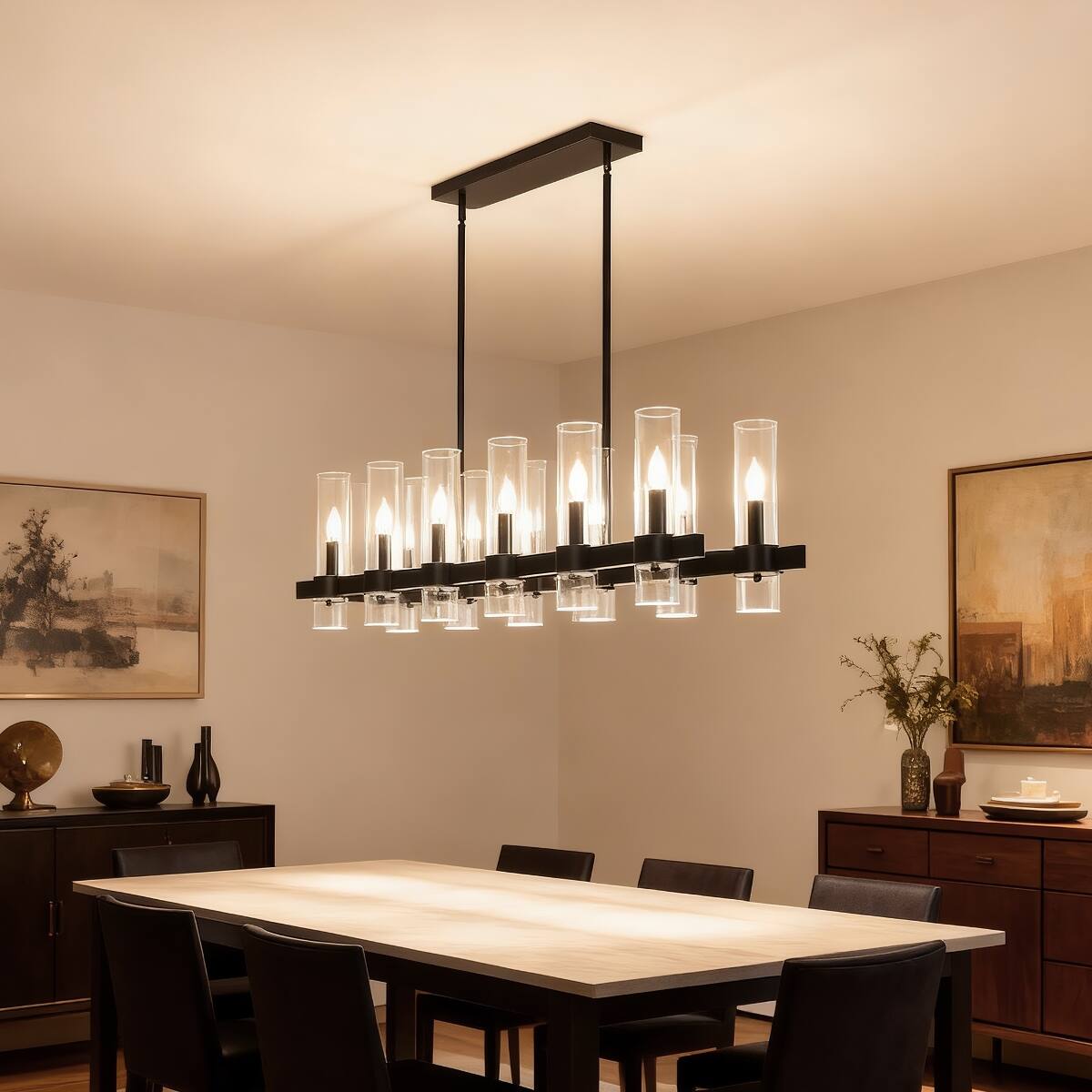 Alt View 10. Loheer - Loheer Modern Farmhouse Chandelier with Clear Glass Shades, Matte Black Linear Pendant for Dining Room or Kitchen Island.