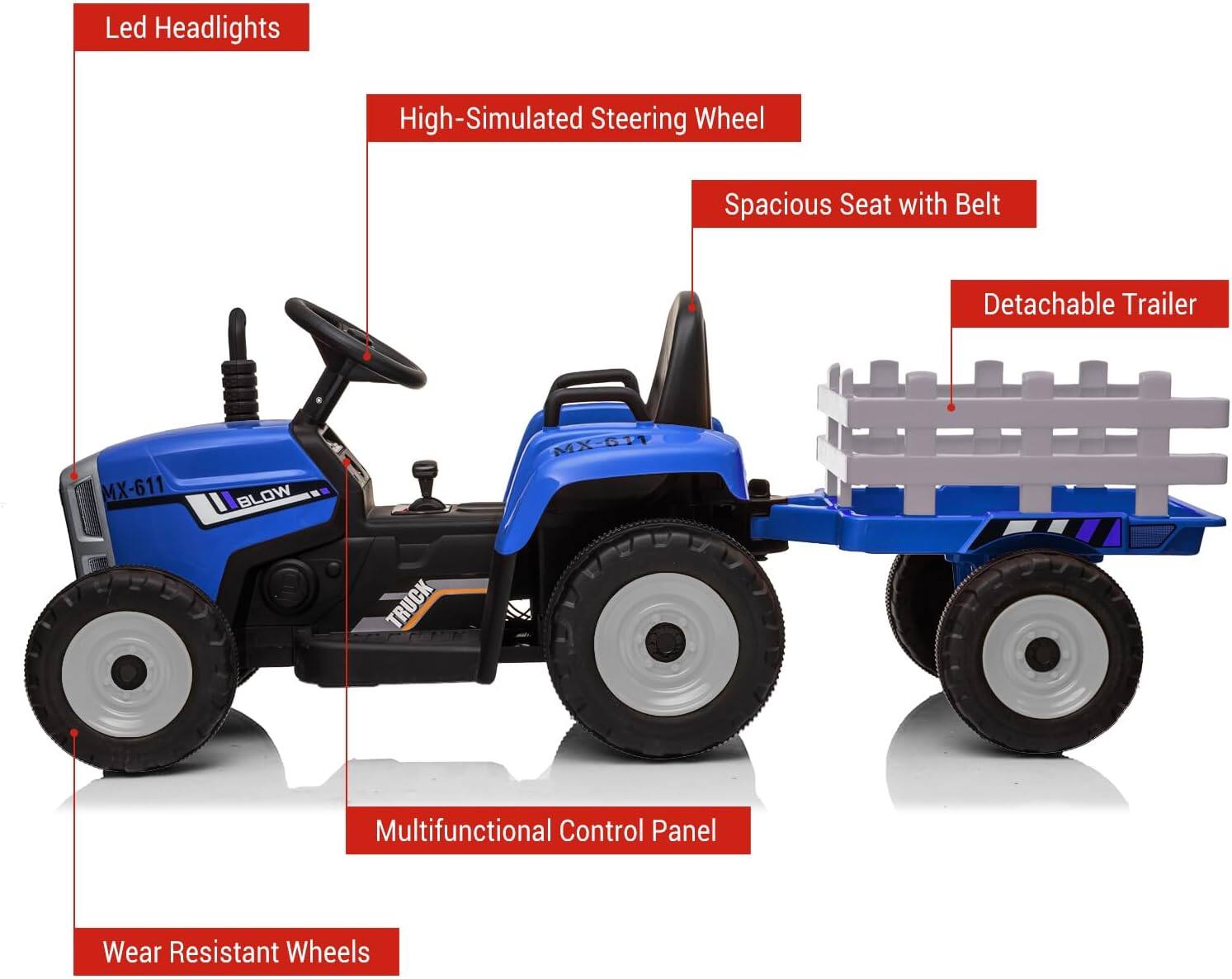 Led Headlights  
High-Simulated Steering Wheel  
Spacious Seat with Belt  
Detachable Trailer  
Multifunctional Control Panel  
Wear Resistant Wheels
