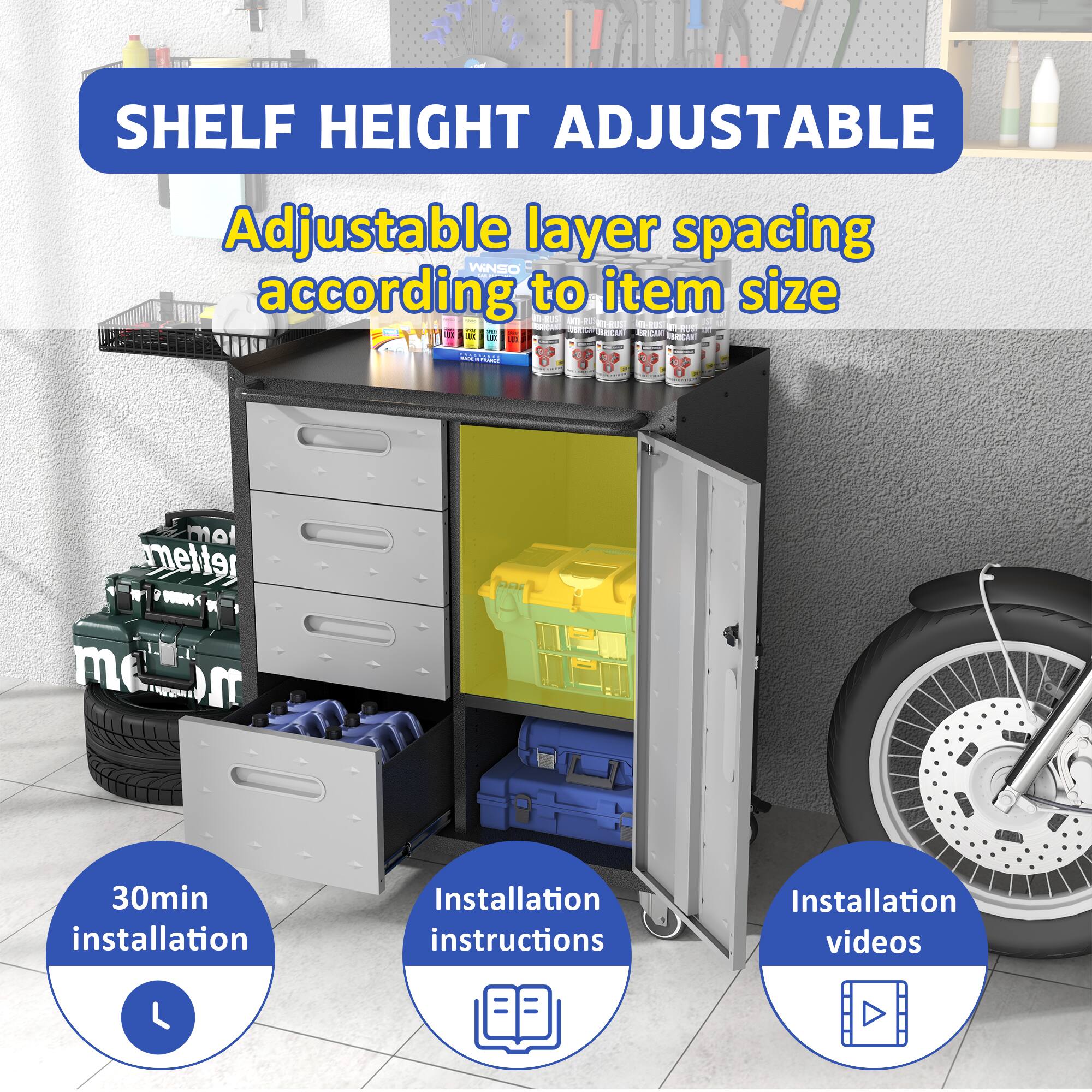 SHELF HEIGHT ADJUSTABLE  
Adjustable layer spacing according to item size  

30min installation  
Installation instructions  
Installation videos