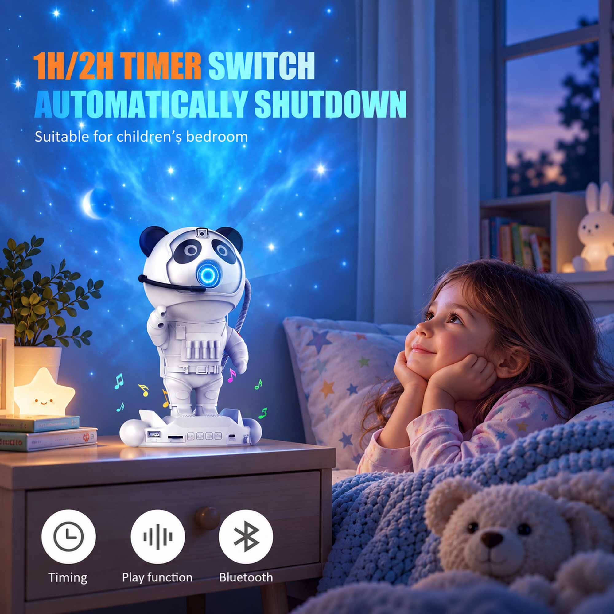 1H/2H TIMER SWITCH AUTOMATICALLY SHUTDOWN  
Suitable for children's bedroom  

Timing  
Play function  
Bluetooth