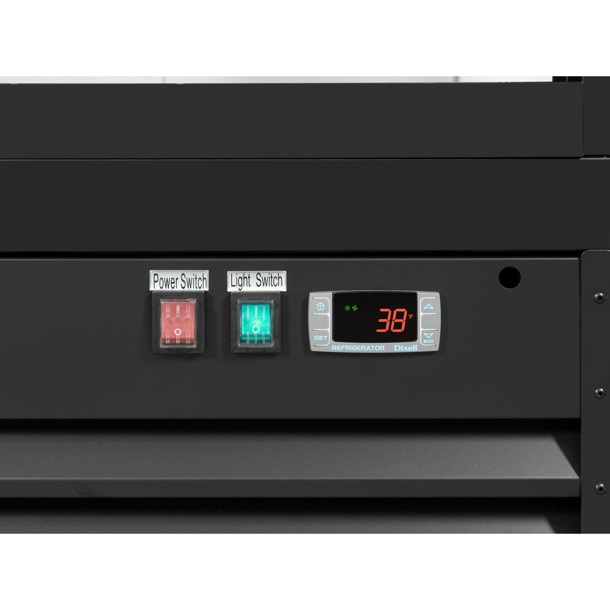 The image features a black box with a power switch and a light switch. The power switch has three settings, while the light switch has two settings. The box is designed for a refrigerator and is made by Dixell.