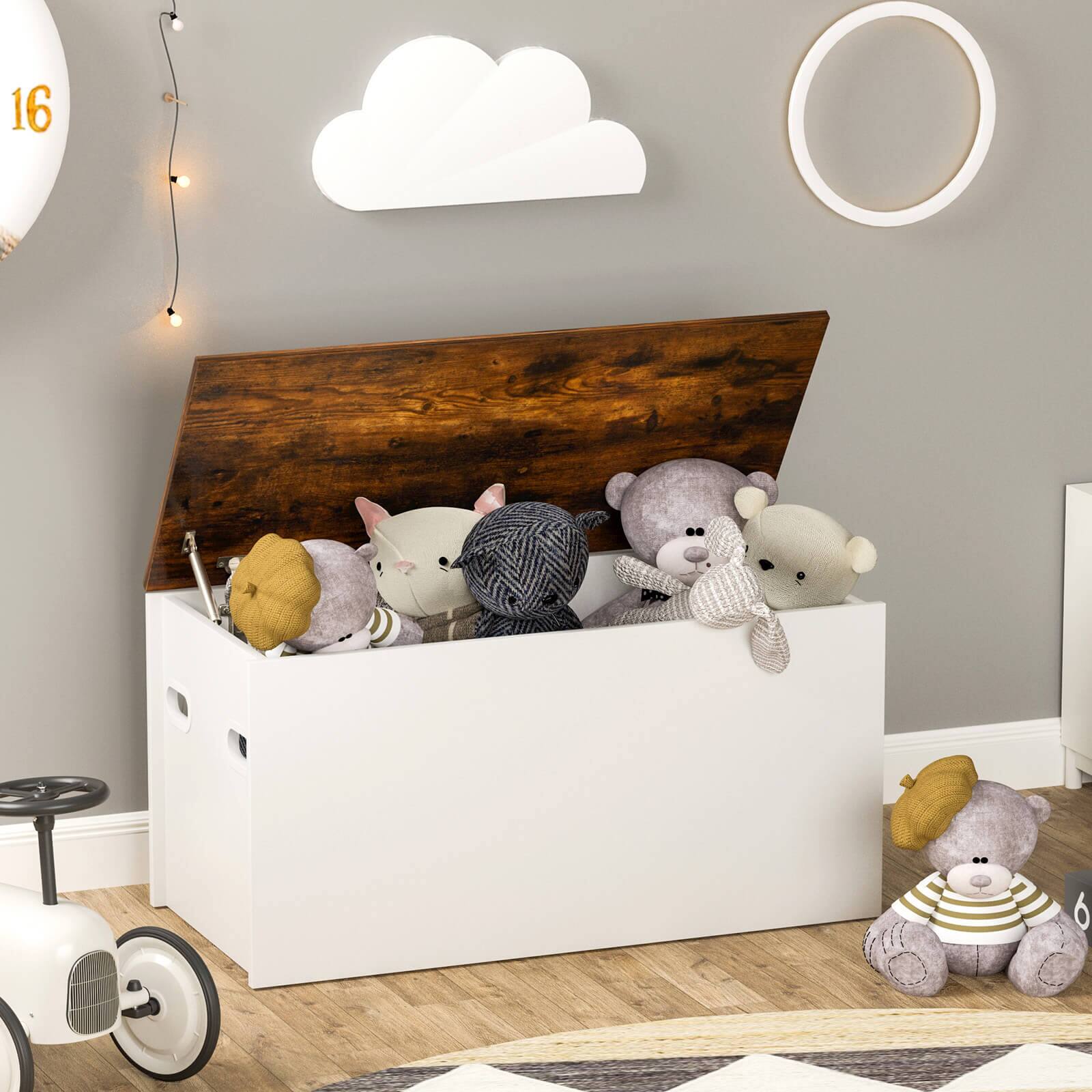 Alt View 3. Costway - Costway Flip-top Storage Chest Bench Large Wooden Kids Toy Box with Pneumatic Rod - Rustic Brown,White.