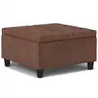 Front. Simpli Home - Harrison 30 inch Wide Small Square Coffee Table Storage Ottoman in Distressed Saddle Brown Vegan Leather - Distressed Saddle Brown.