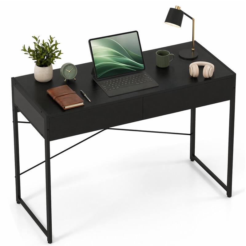 Left. WELLFOR - 44" Industrial Computer Desk with 2-Drawer, Study Writing Desk with Steel Frame for Home Office - Black.