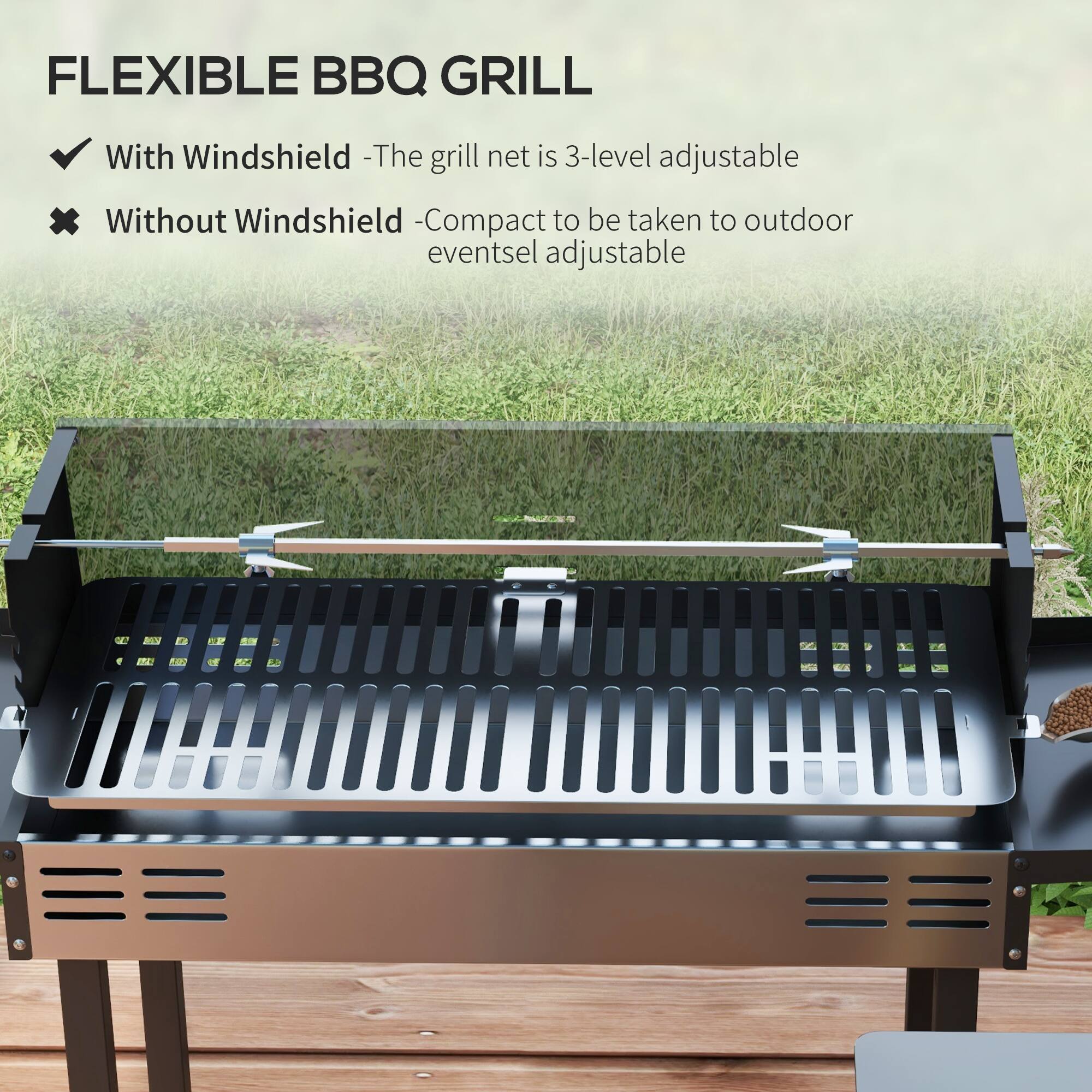 FLEXIBLE BBQ GRILL

- With Windshield - The grill net is 3-level adjustable
- Without Windshield - Compact to be taken to outdoor eventsel adjustable