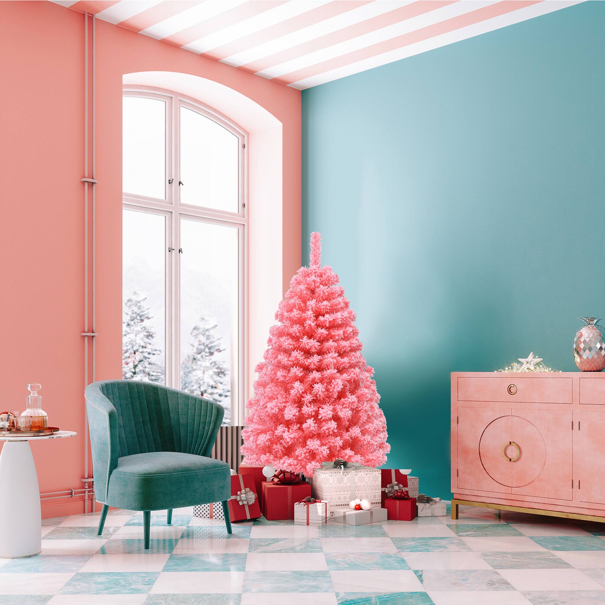 Alt View 3. Gymax - Gymax 4.5 FT Artificial Snow Flocked Pink Christmas Tree Unlit Xmas PVC Tree - Pink.