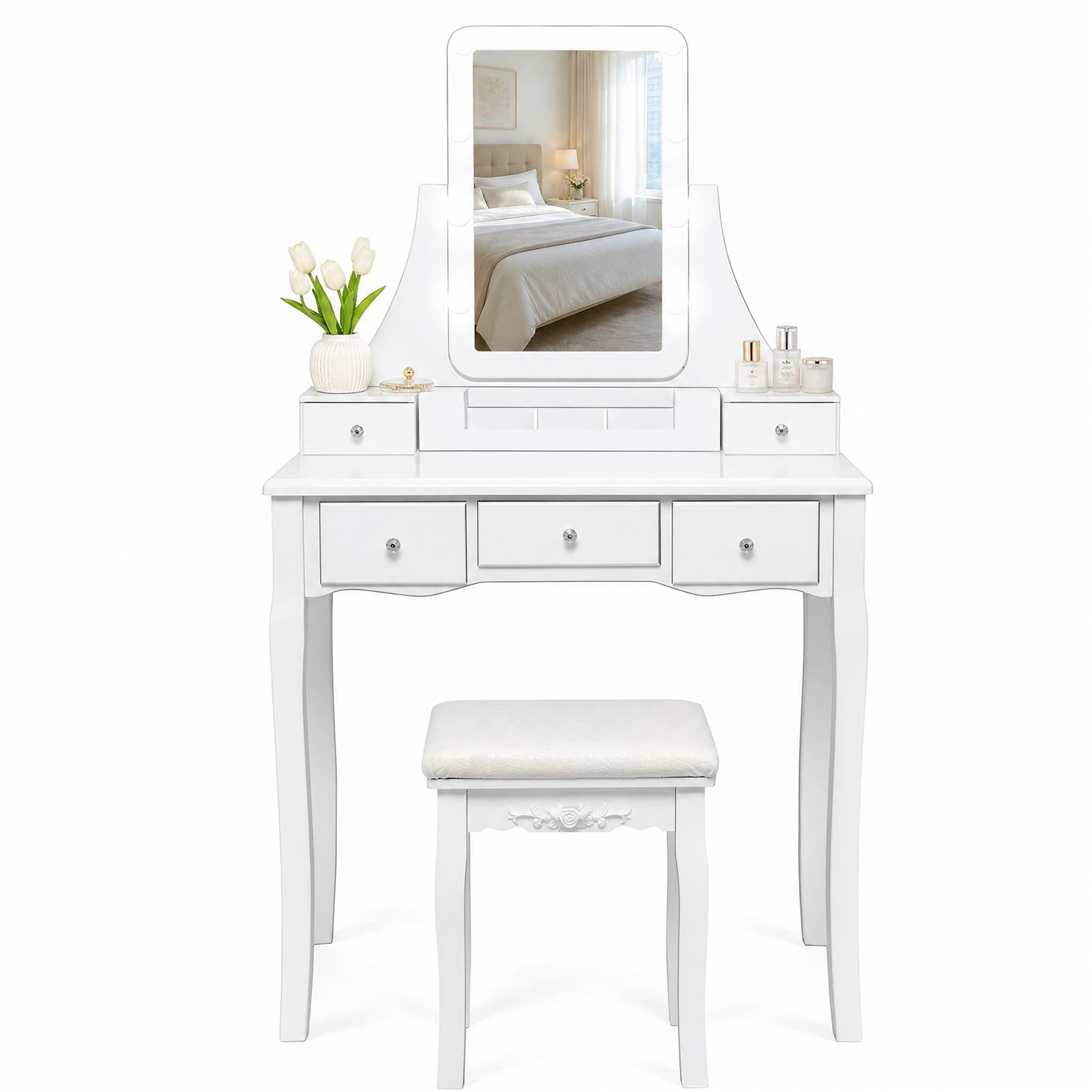 Alt View 4. WELLFOR - Makeup Vanity Dressing Table Set with 360° Rotatable Mirror, Memory‑Brightness Function, 5 Drawers &Padded Stool - White.