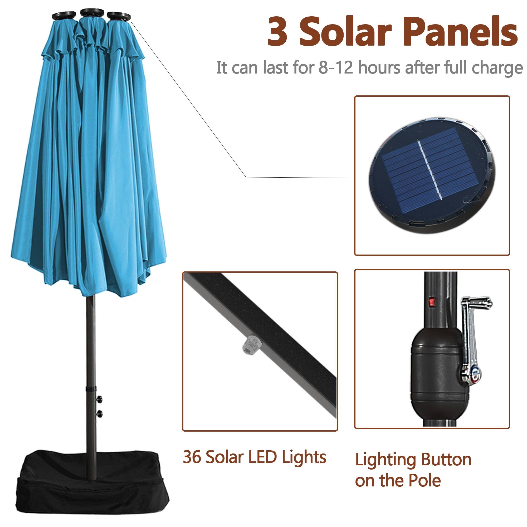 3 Solar Panels  
It can last for 8-12 hours after full charge  

36 Solar LED Lights  

Lighting Button on the Pole