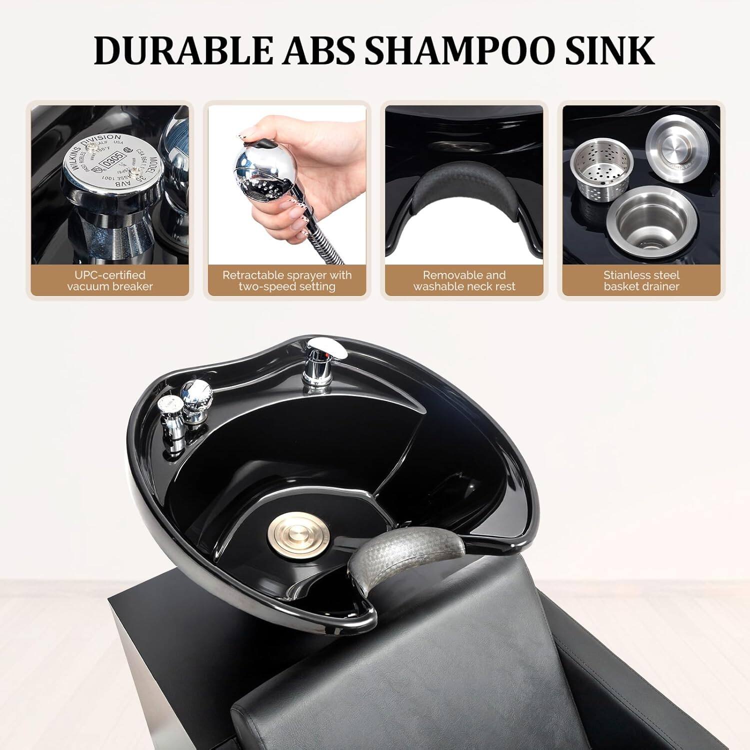 DURABLE ABS SHAMPOO SINK

- UPC-certified vacuum breaker
- Retractable sprayer with two-speed setting
- Removable and washable neck rest
- Stainless steel basket drainer