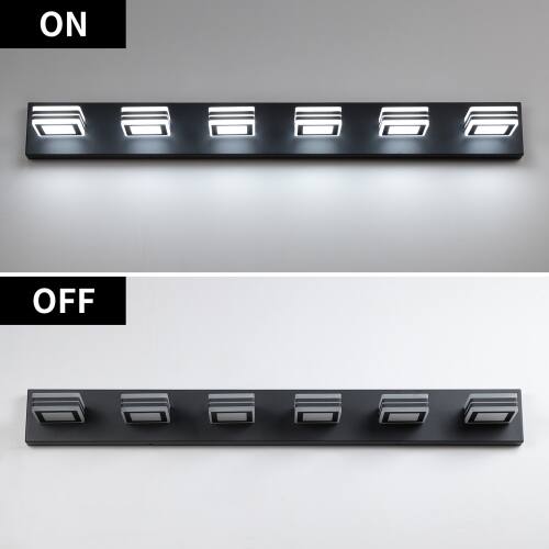 Alt View 2. LUCKY ONE - 39in Wall Mount LED Vanity Light, 6-Light Black Fixture with Square Acrylic Shades for Bathroom - Black.