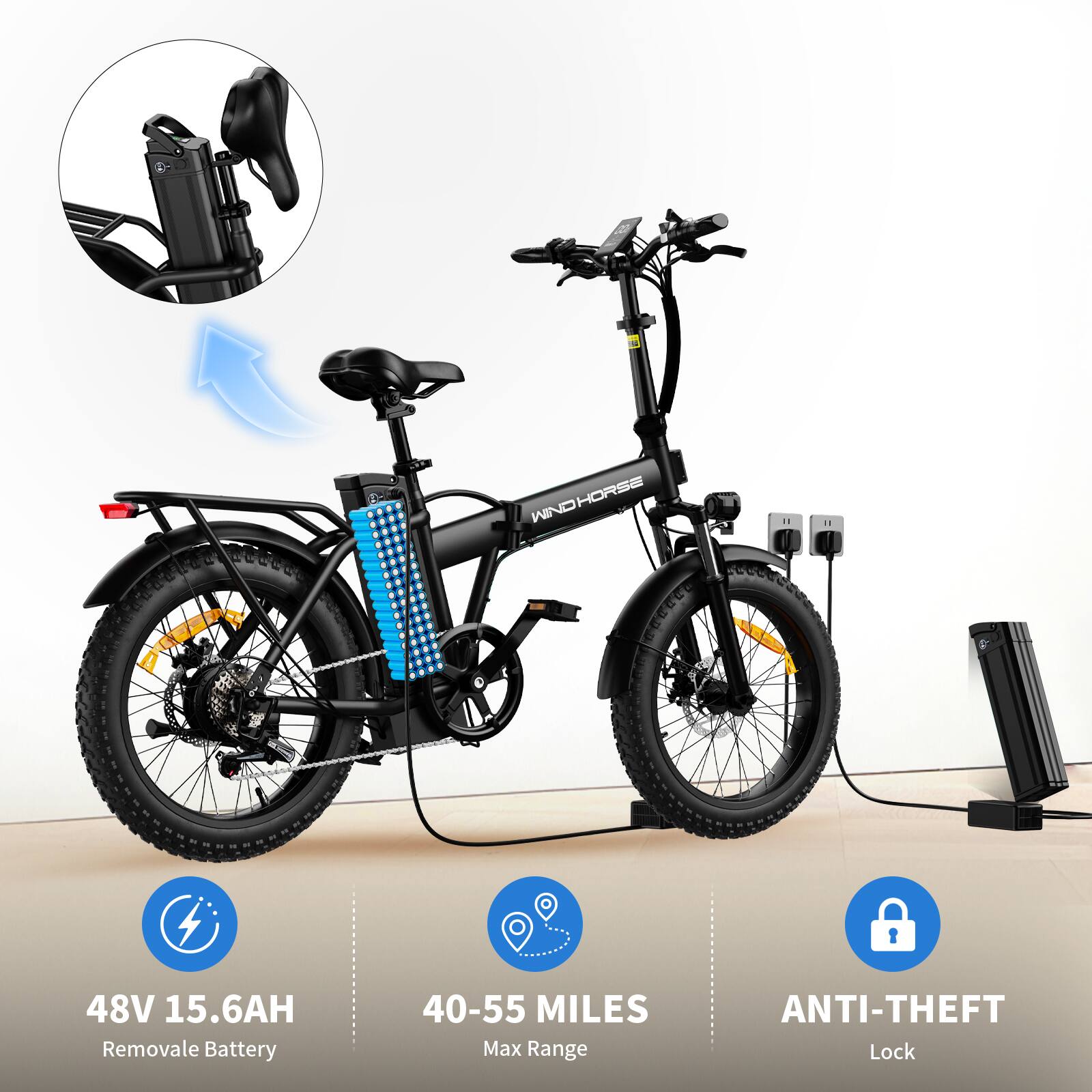 WINDHORSE  
48V 15.6AH Removable Battery  
40-55 MILES Max Range  
ANTI-THEFT Lock